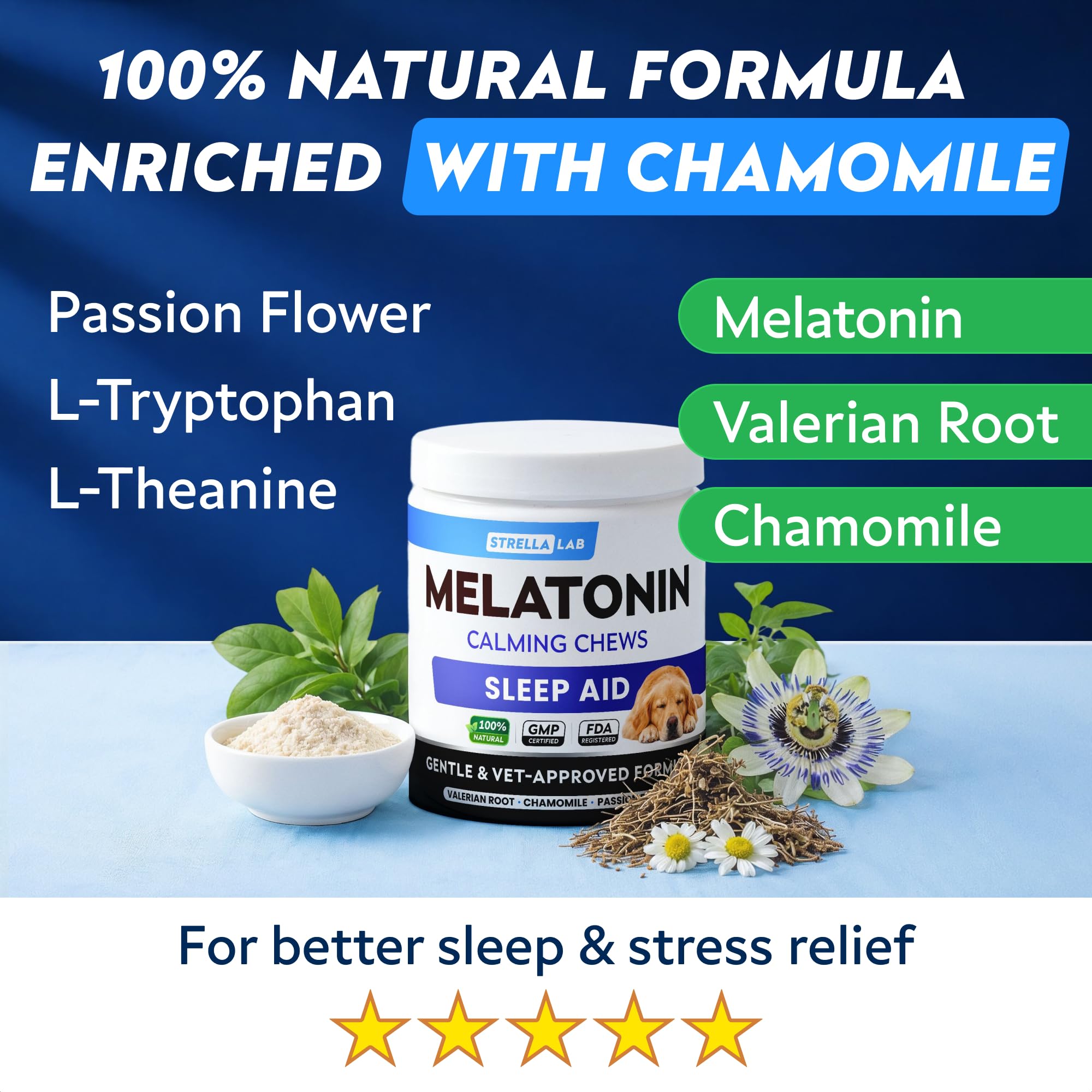 STRELLALAB calming chews USA-made provide a gentle nightly routine for dogs.