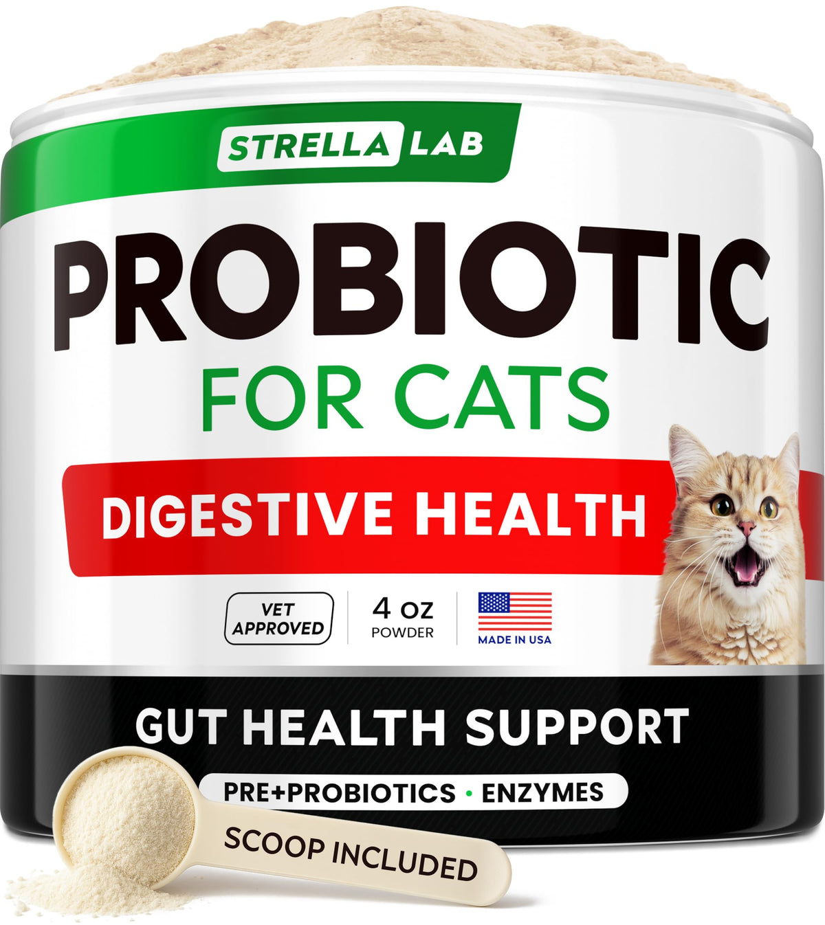 StrellaLab Cat Probiotic Powder bottle ready to mix for feline digestive support.