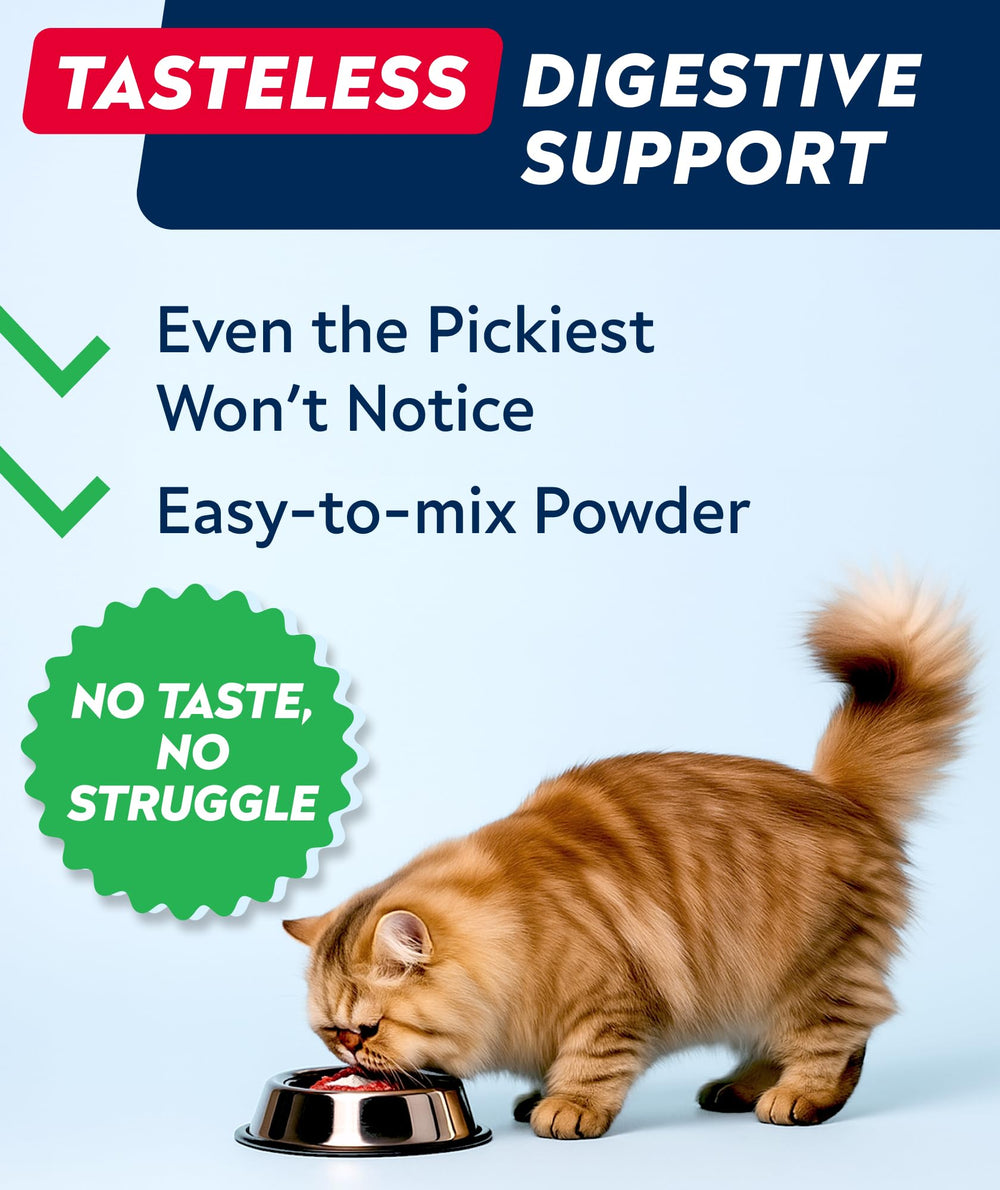 StrellaLab Cat Probiotic Powder dispersing into cat food for smoother meals.
