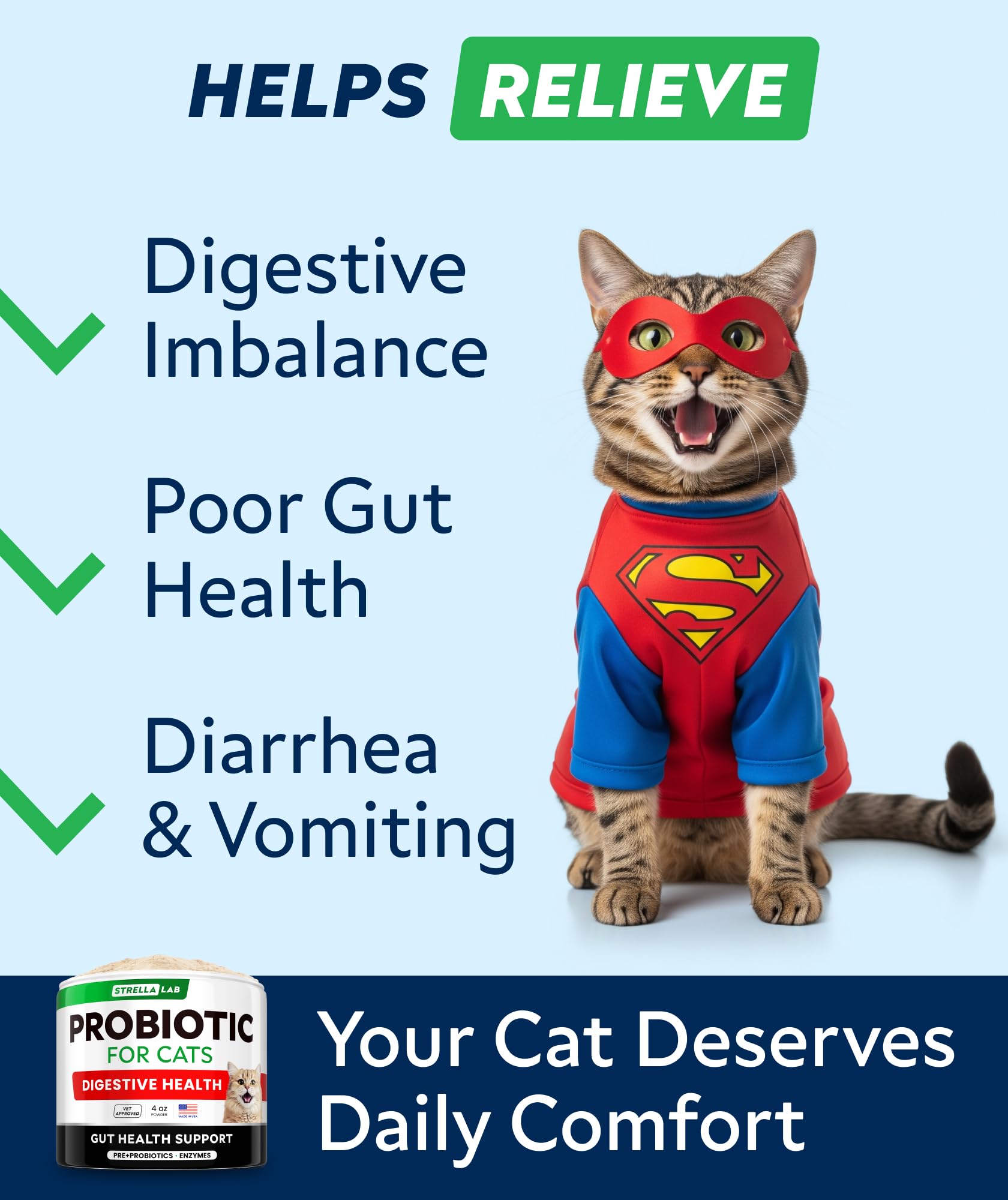 StrellaLab Cat Probiotic Powder sprinkled on kibble to support gut comfort.