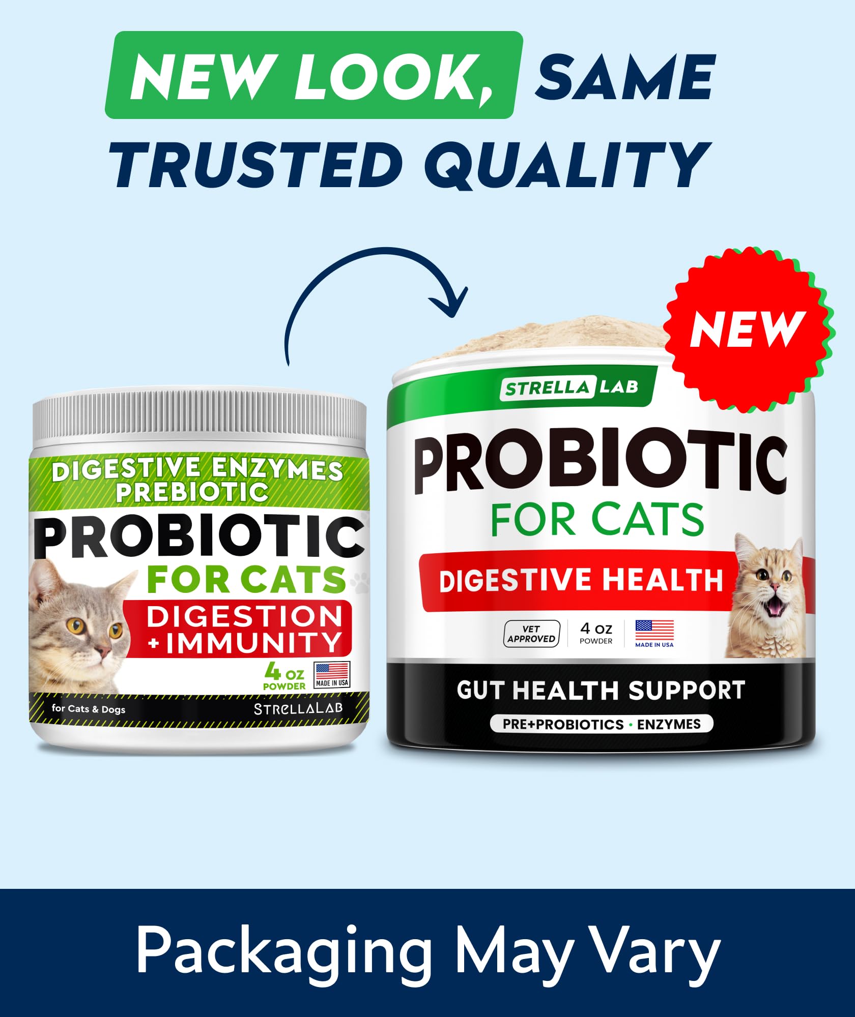 StrellaLab Cat Probiotic Powder packaging back with directions and benefits.