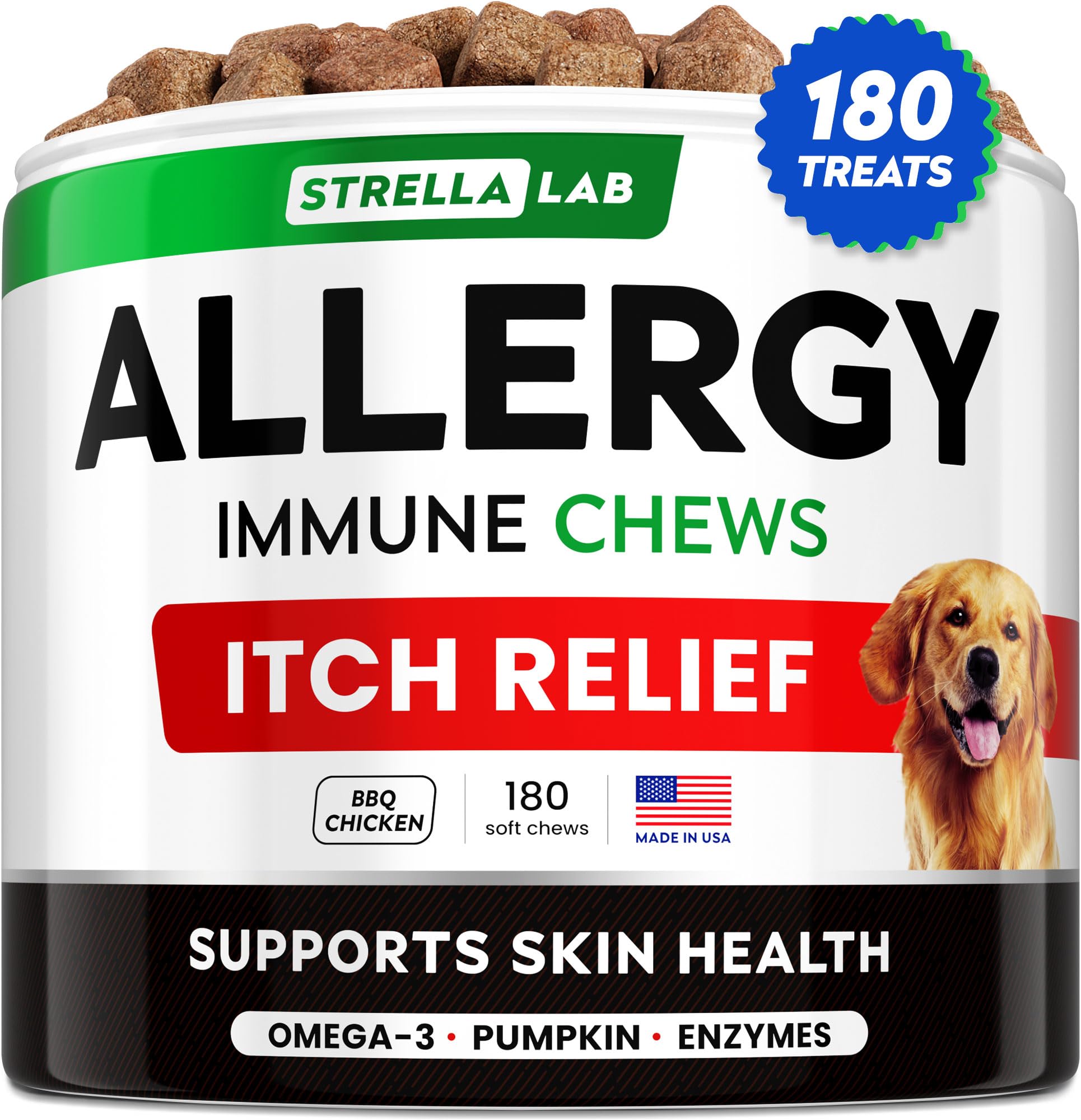 STRELLALAB dog allergy relief chews bottle with BBQ chicken flavor and immune support