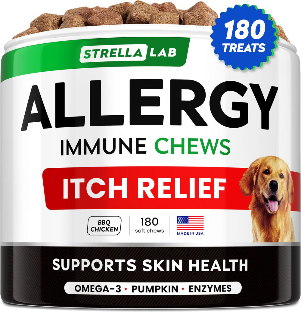 STRELLALAB dog allergy relief chews bottle with BBQ chicken flavor and immune support