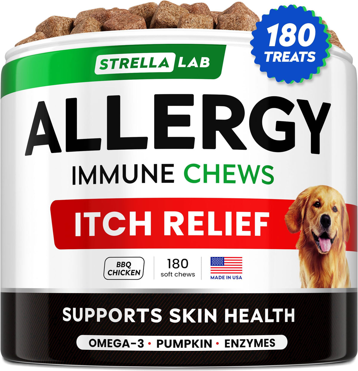 STRELLALAB dog allergy relief chews bottle with BBQ chicken flavor and immune support