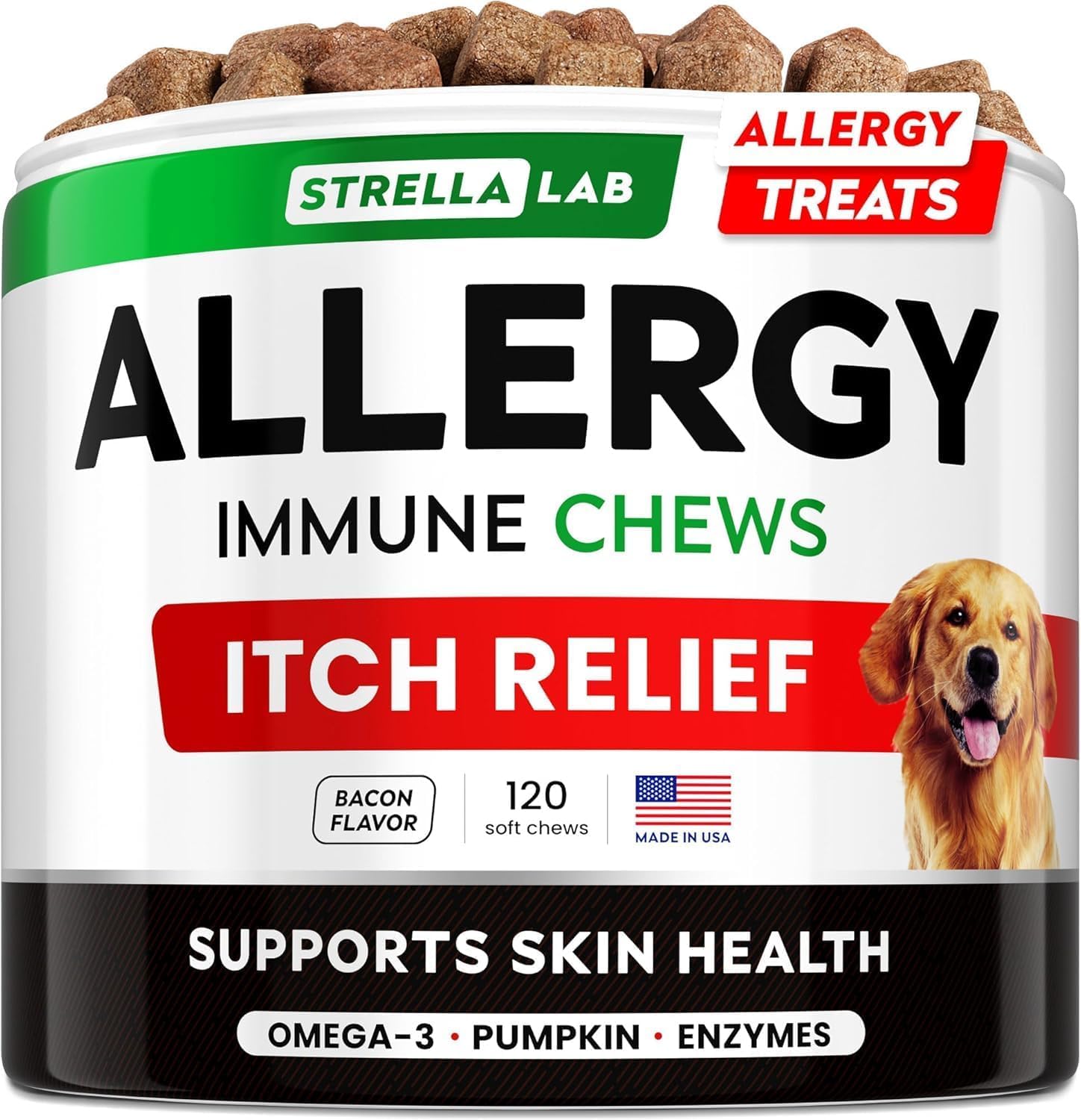 STRELLALAB dog allergy chews bottle front, soothing itch relief and immune support.
