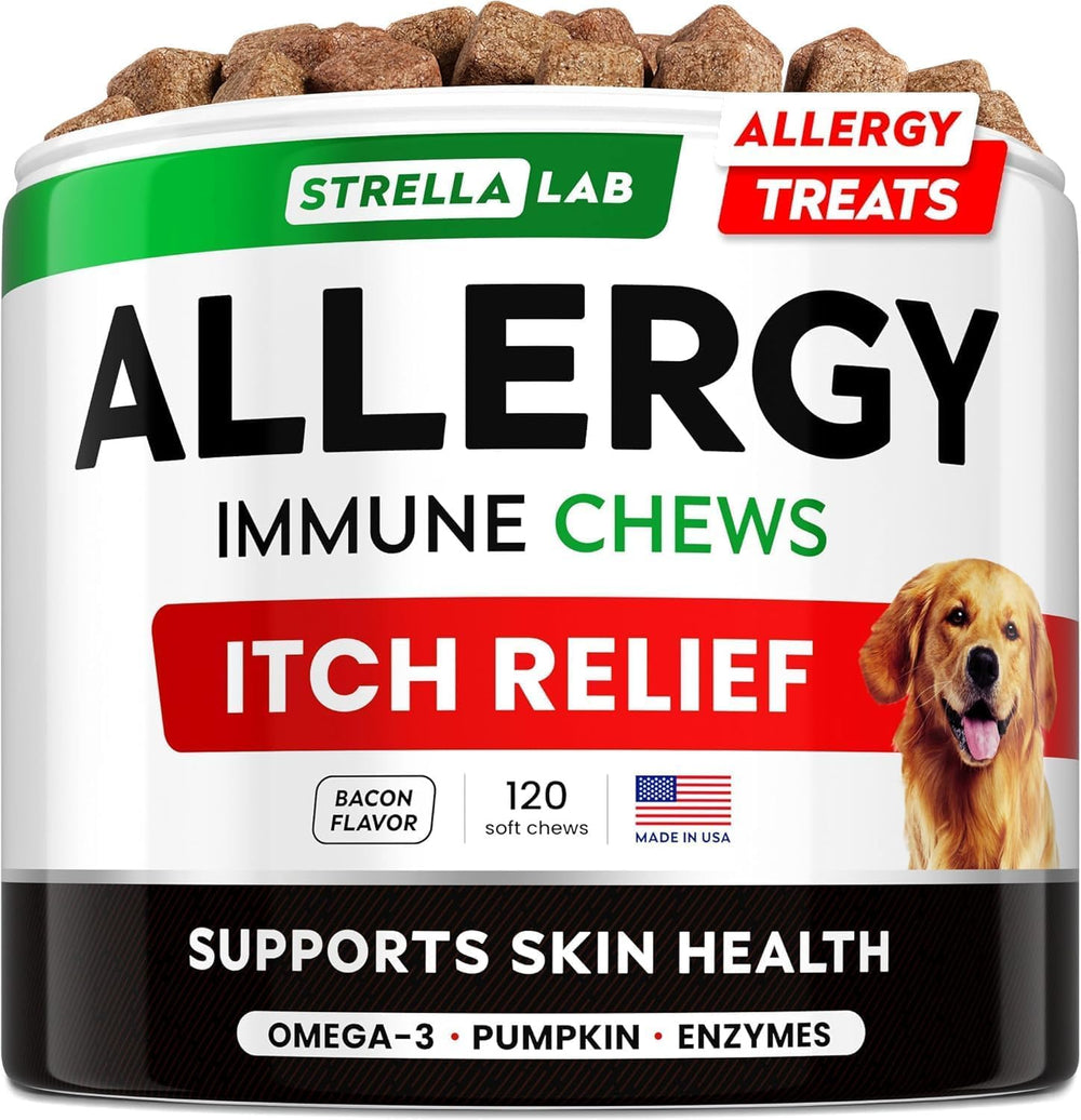 STRELLALAB dog allergy chews bottle front, soothing itch relief and immune support.