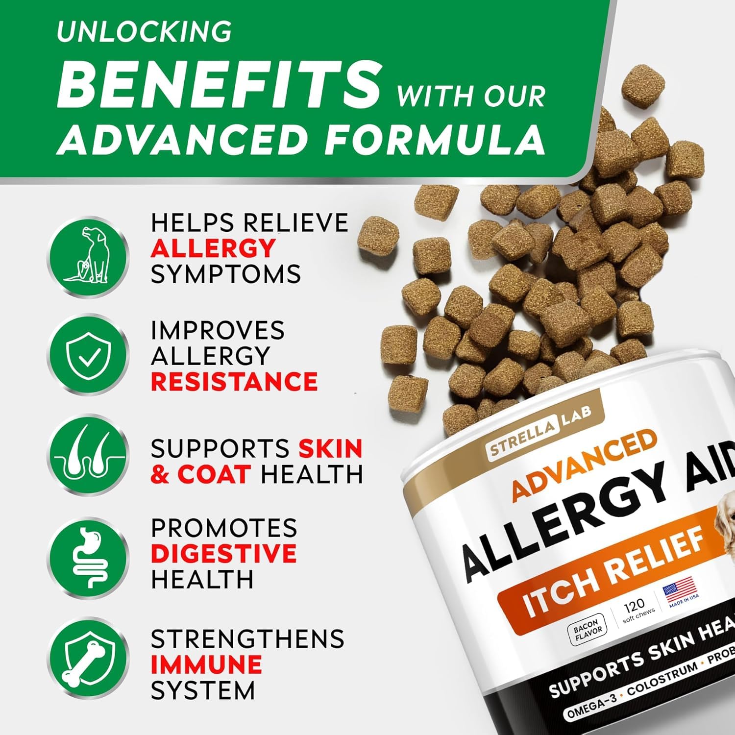 STRELLALAB dog allergy chews coat-health support for a shiny, resilient coat