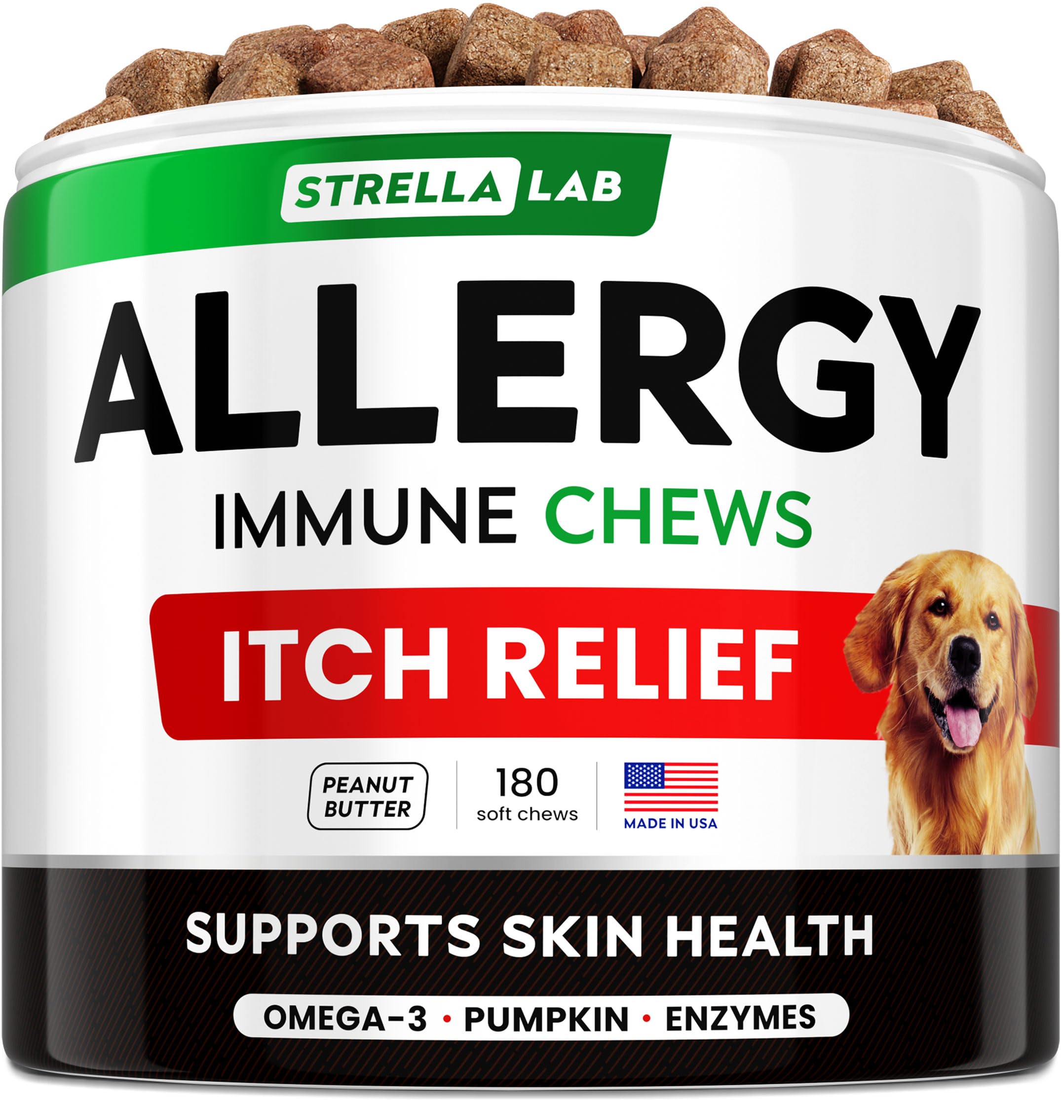 StrellaLab dog allergy chews front label highlights real ingredients and USA-made quality.
