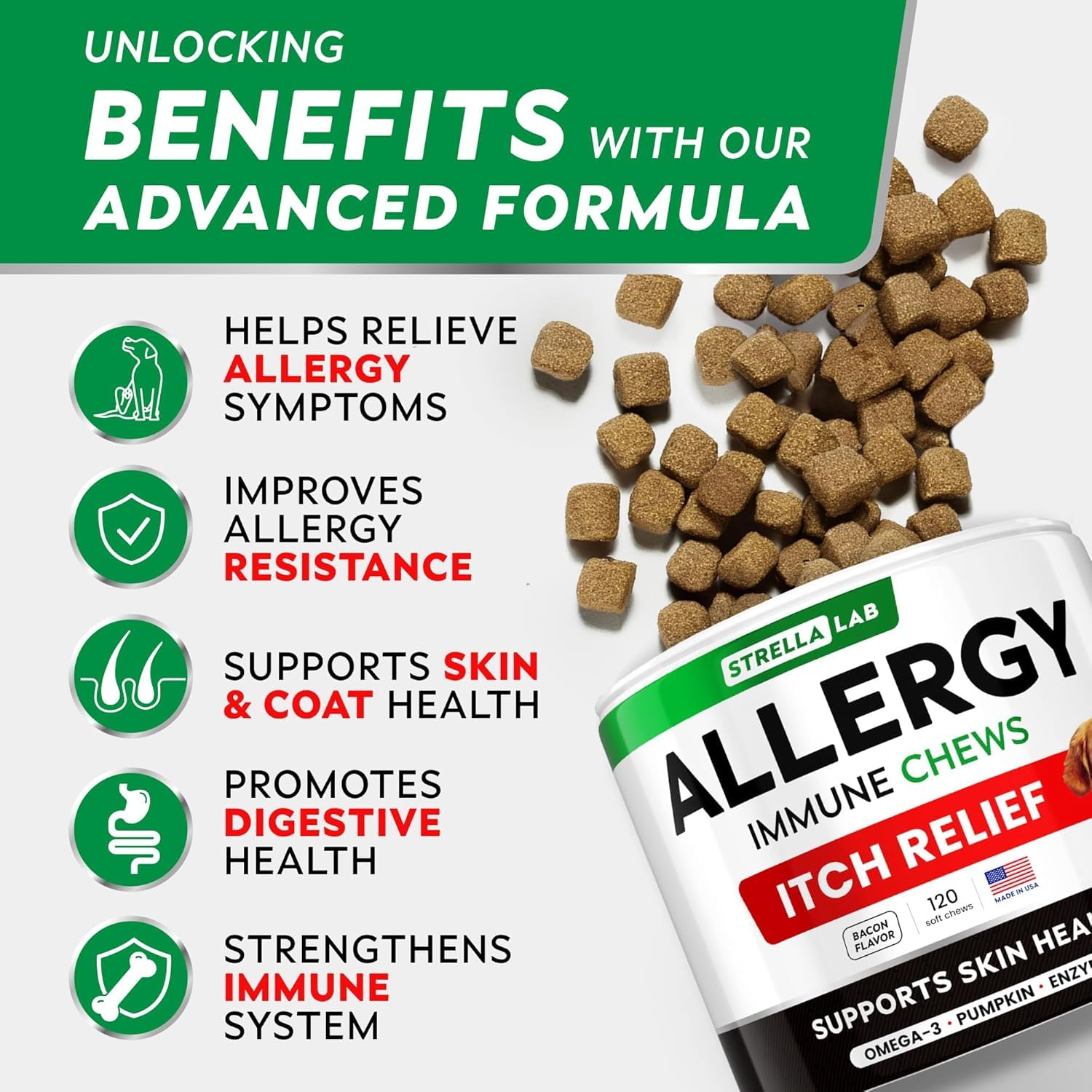 STRELLALAB dog allergy chews packshot, tasty formula and omega-3 benefits.