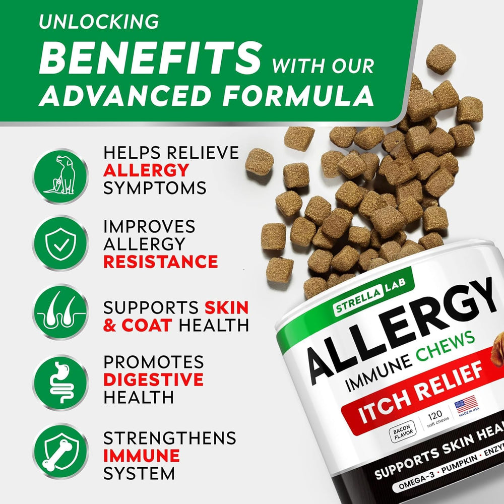 STRELLALAB dog allergy chews packshot, tasty formula and omega-3 benefits.