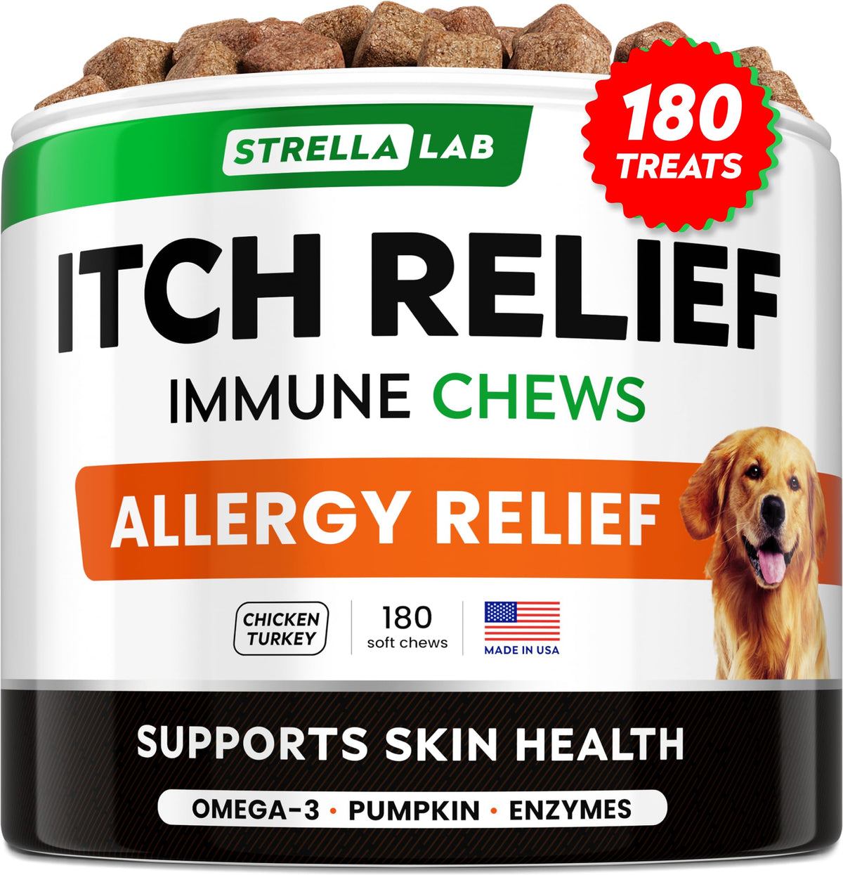 StrellaLab Dog Allergy Relief Chews 180ct pack promotes skin comfort and bite-free days