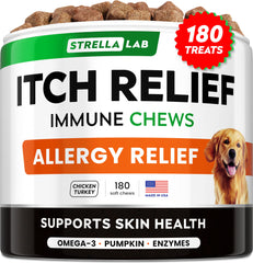 StrellaLab Dog Allergy Relief Chews 180ct pack promotes skin comfort and bite-free days
