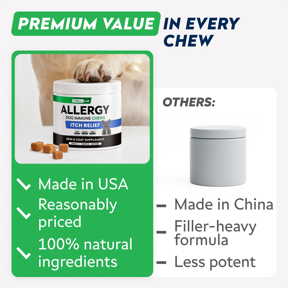 STRELLALAB dog allergy chews serving size 2g supports easy feeding.