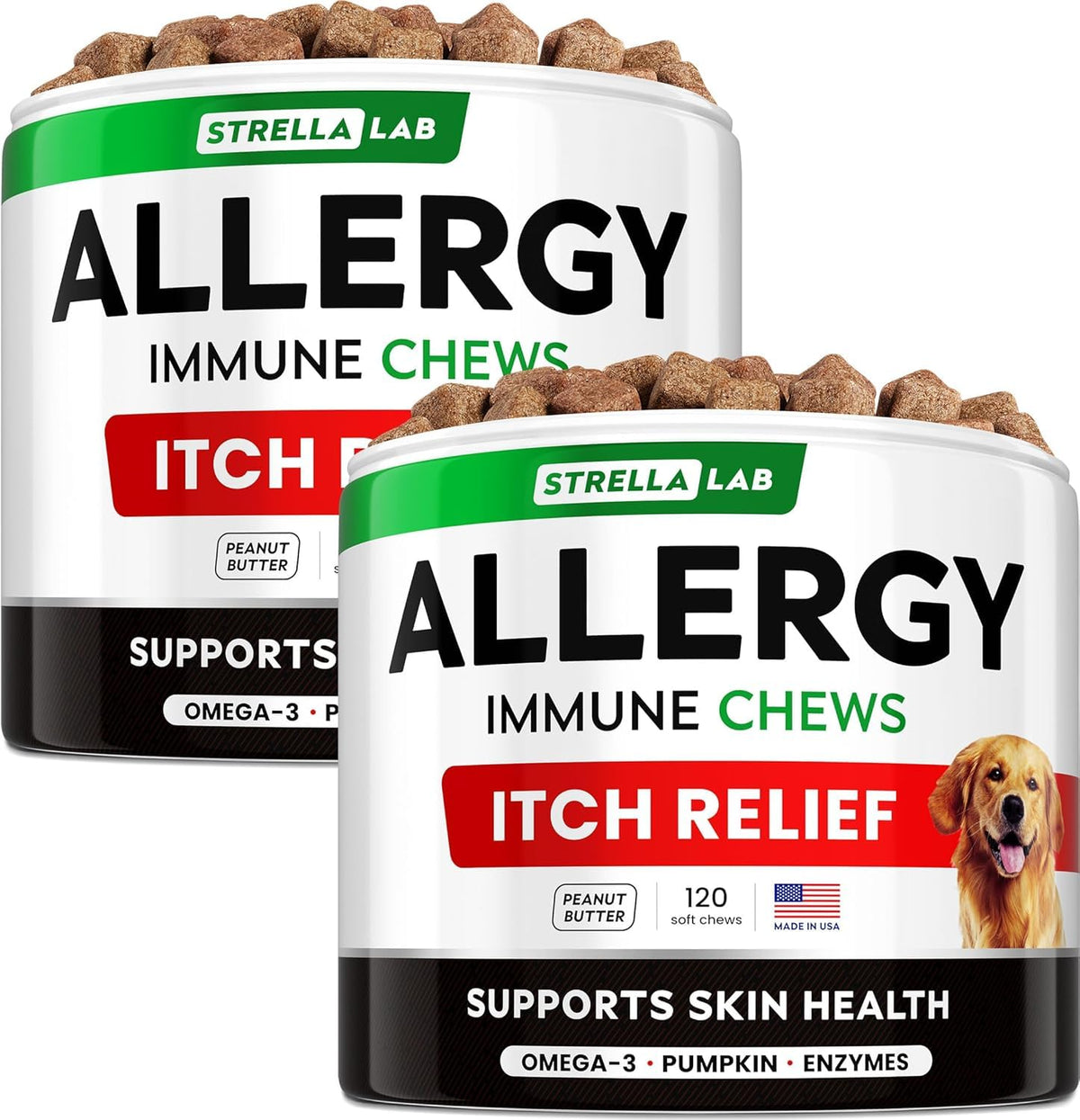 STRELLALAB dog allergy relief chews bottle displays soft bites for itchy skin support.