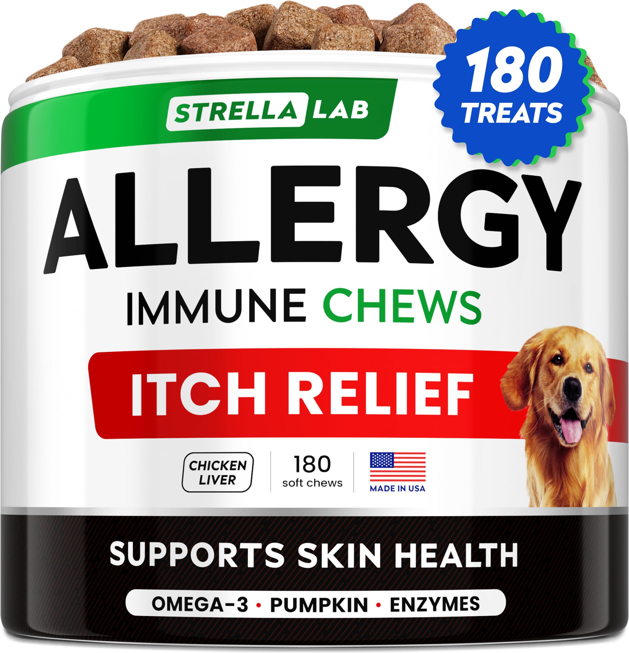 STRELLALAB dog allergy relief chews bottle highlights omega-3 rich formula for itchy skin