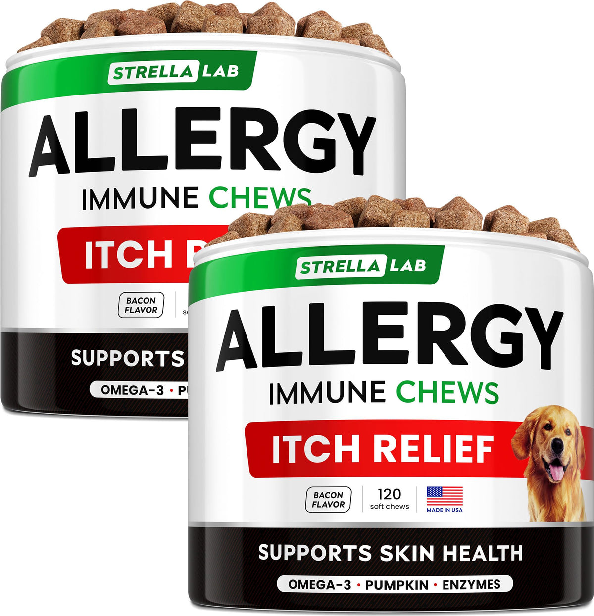 StrellaLab dog allergy relief chews bottle shows soft 2g bites for itchy skin support.