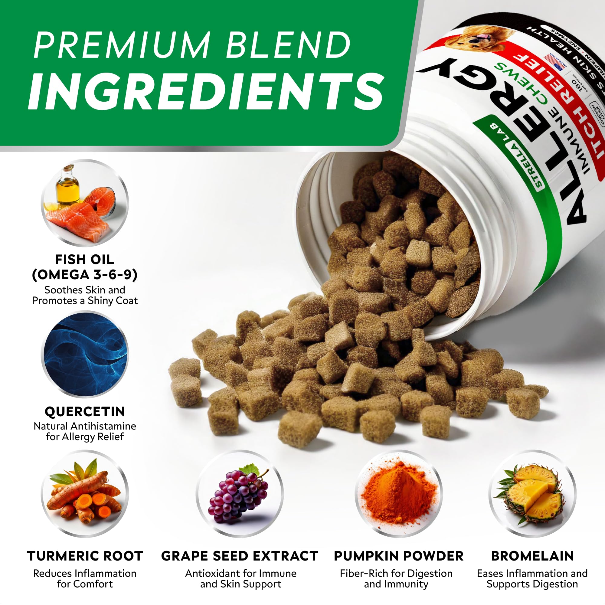 STRELLALAB dog allergy relief chews ingredients showcase pumpkin fish oil and enzymes