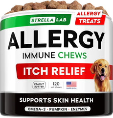 STRELLALAB dog allergy relief chews omega-3 pumpkin promote healthy skin.