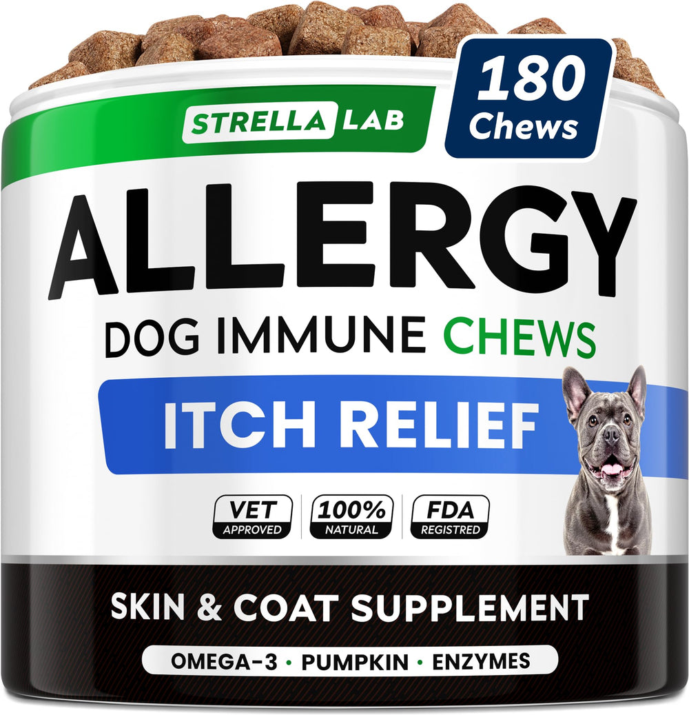 STRELLALAB dog allergy relief chews in a bottle support skin and coat health.