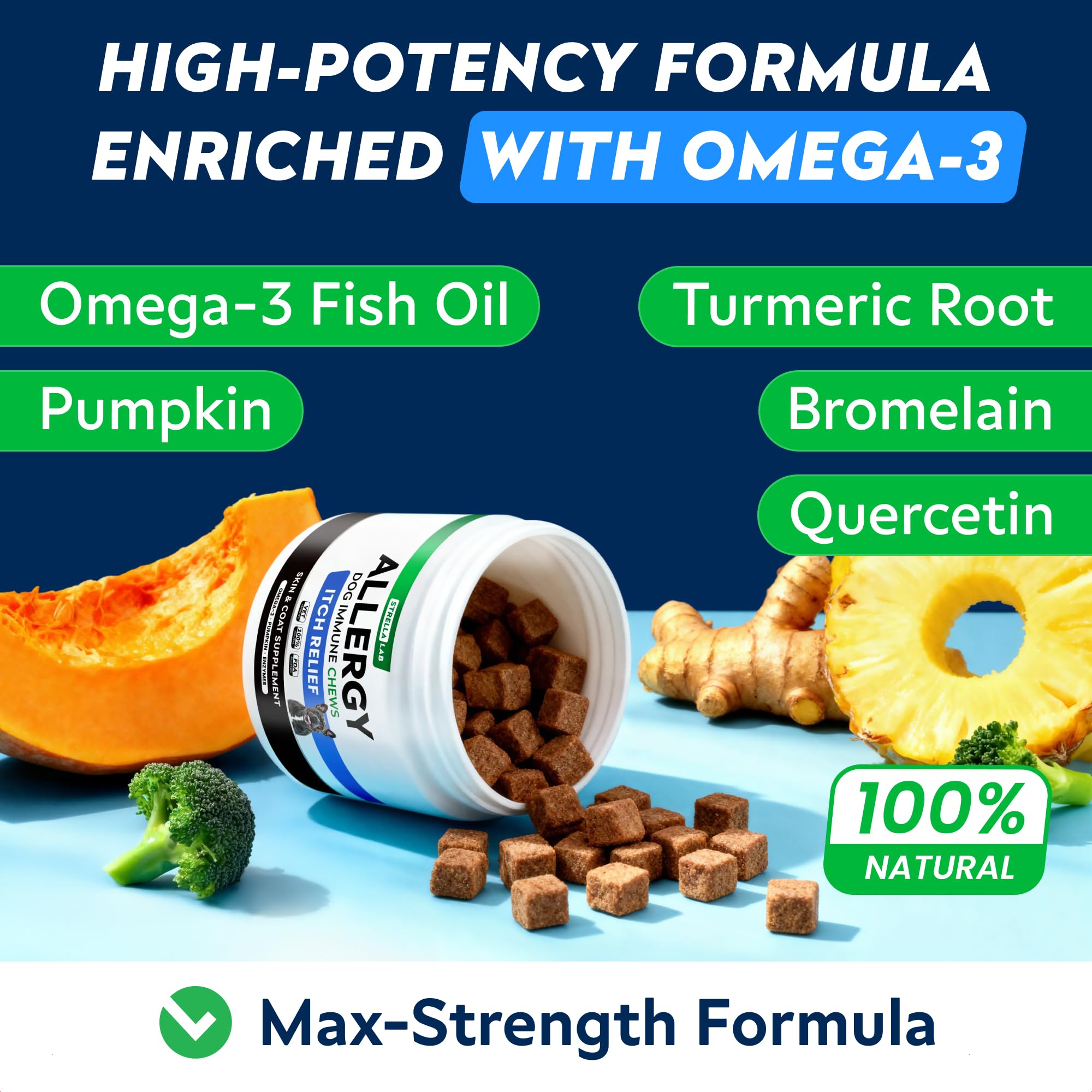 STRELLALAB chews with omega-3 ingredients listed on the label.