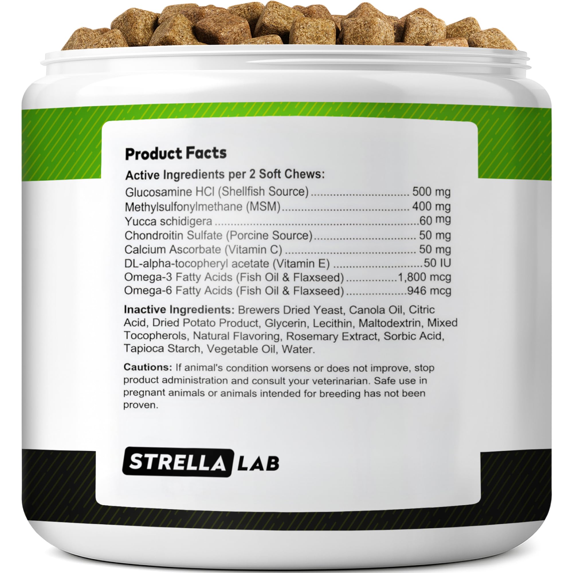 STRELLALAB Glucosamine dog treats chews close-up emphasize flavor and mobility benefits.