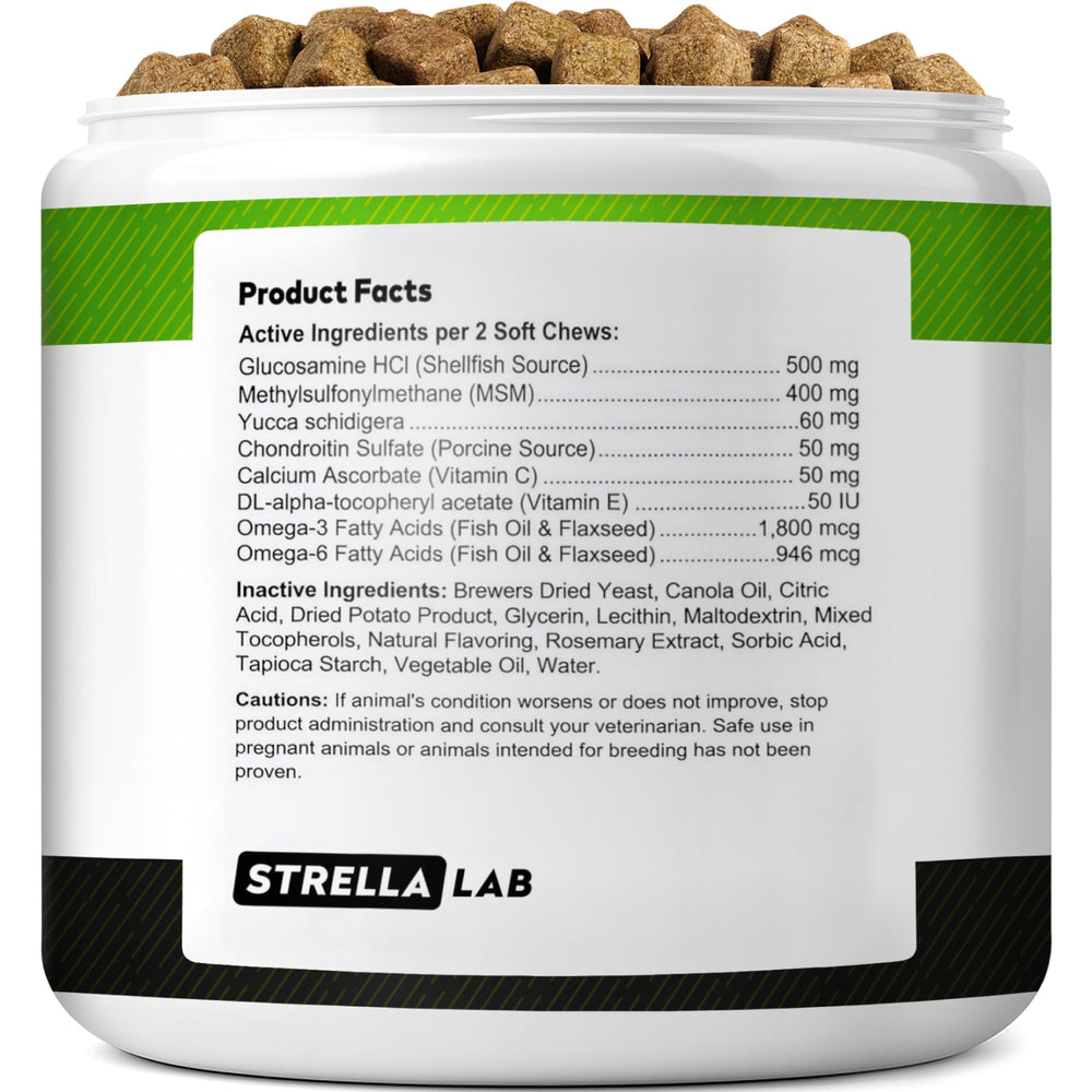 STRELLALAB Glucosamine dog treats chews close-up emphasize flavor and mobility benefits.