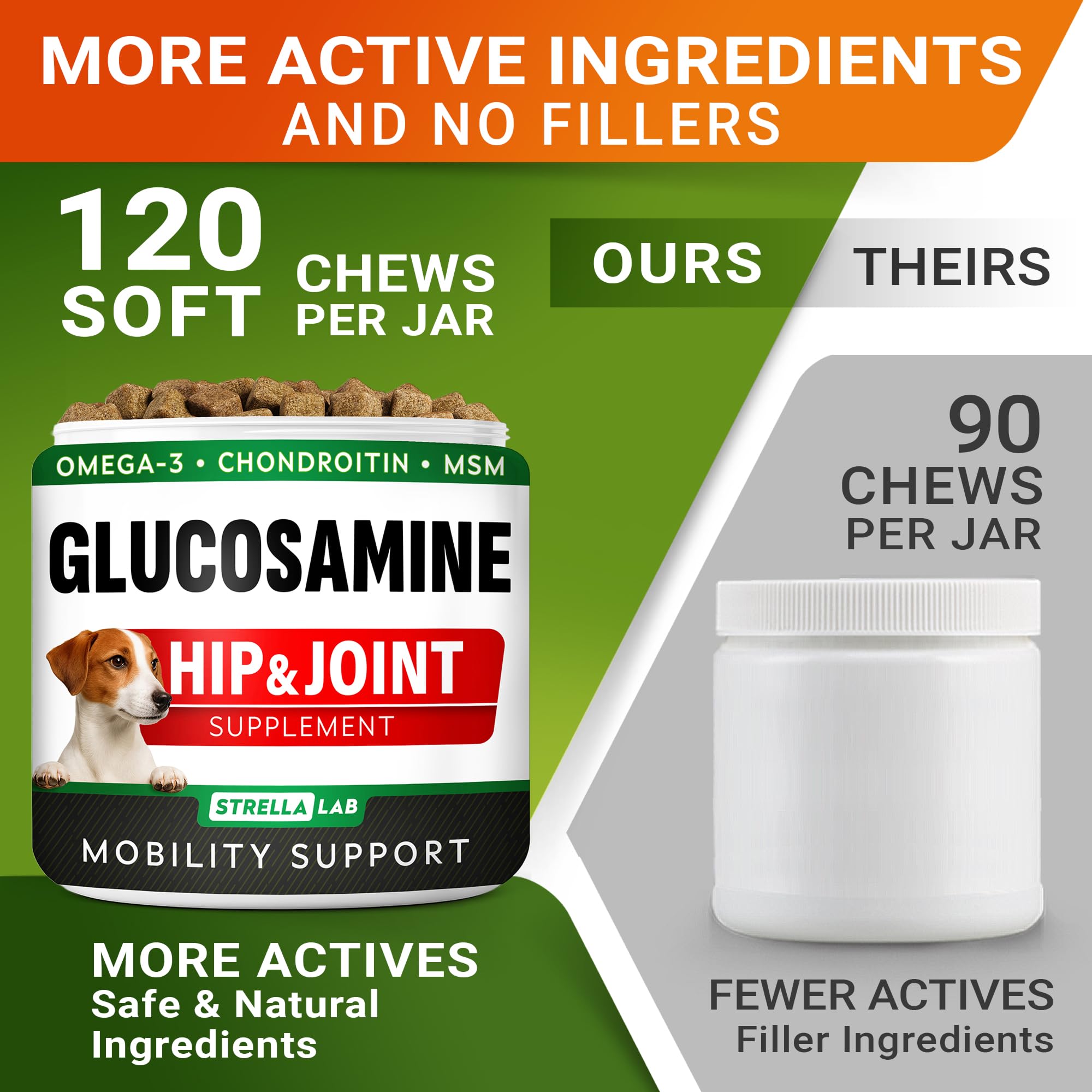 STRELLALAB Glucosamine dog treats ingredients panel shows nutrition and vitamins for joints.