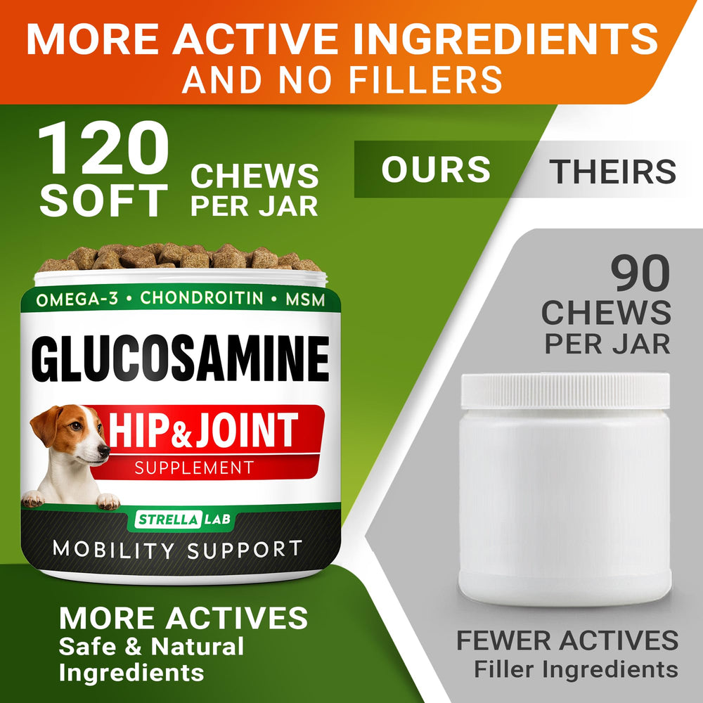 STRELLALAB Glucosamine dog treats ingredients panel shows nutrition and vitamins for joints.