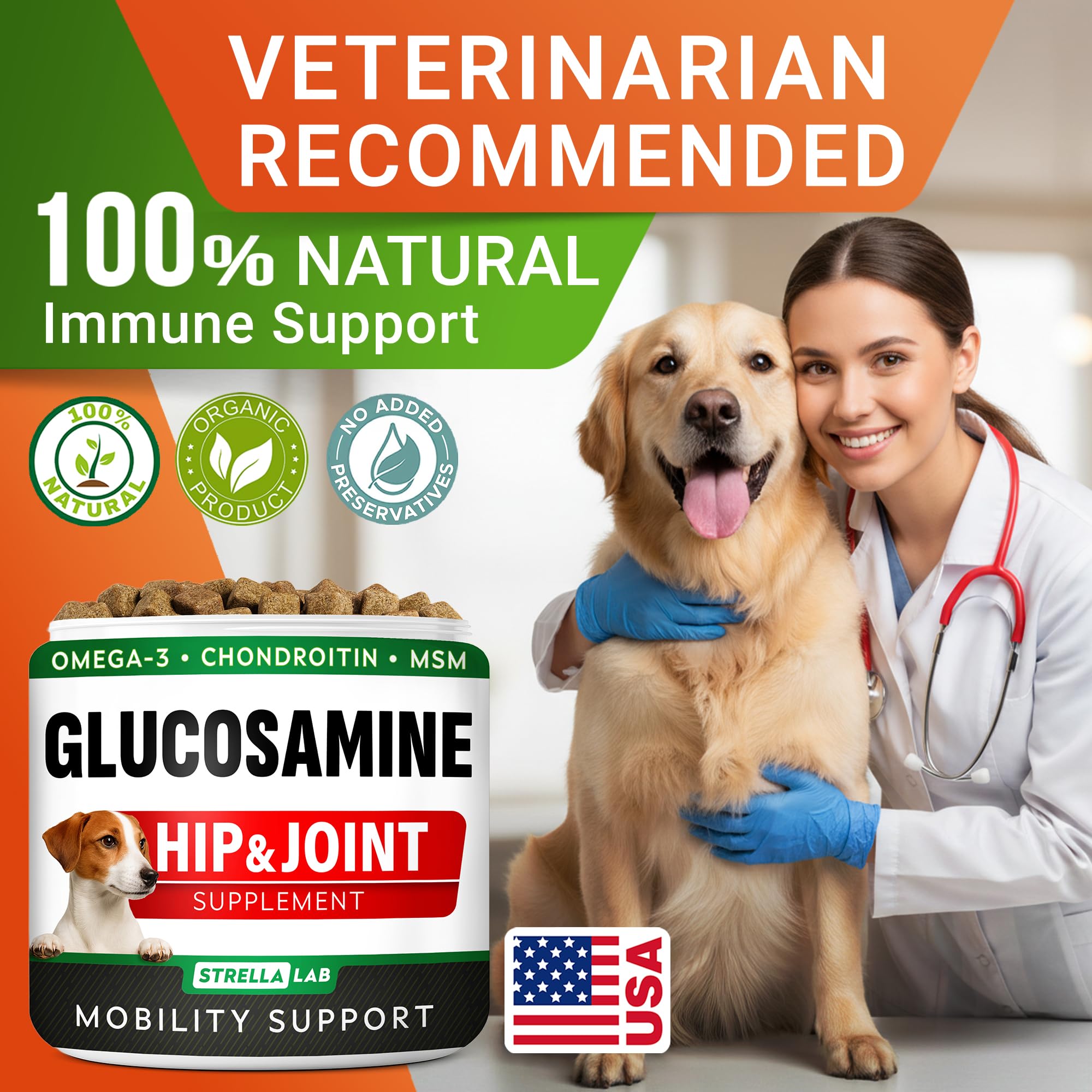 STRELLALAB Glucosamine dog treats made in USA stamp emphasizes quality assurance.