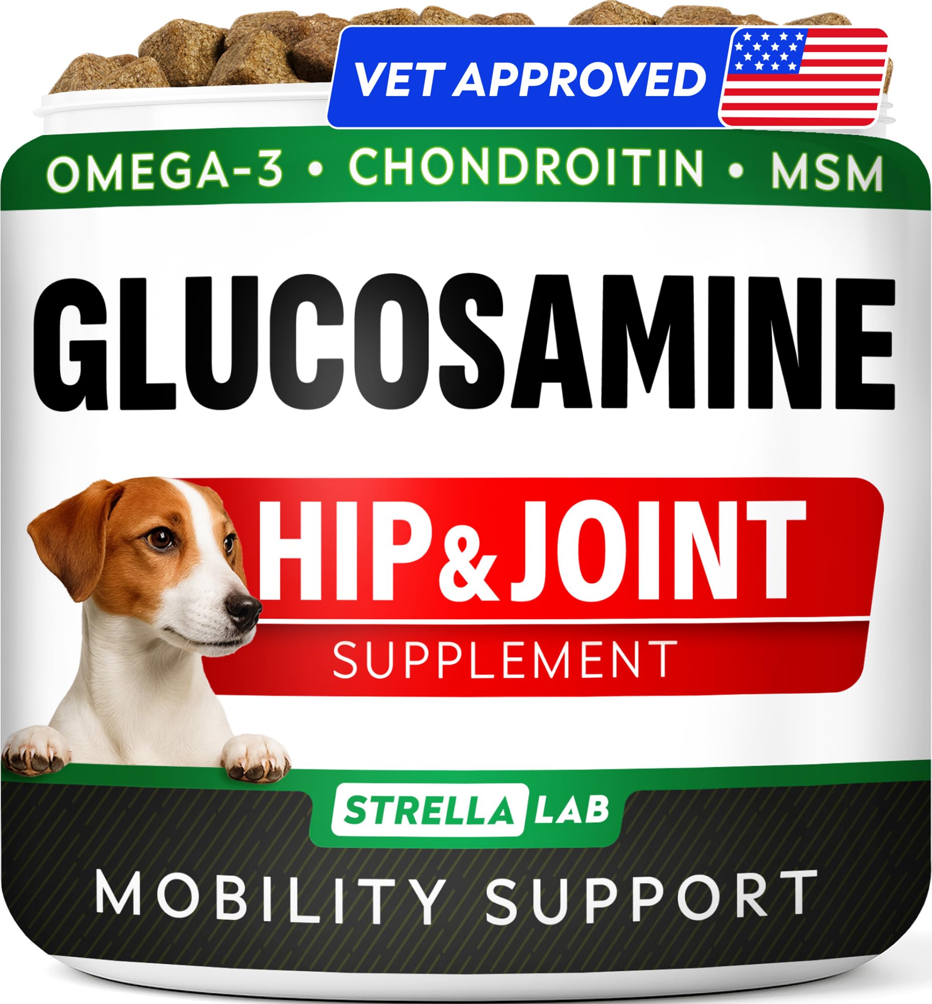 STRELLALAB Glucosamine dog treats packaging highlights joint support for daily activity.