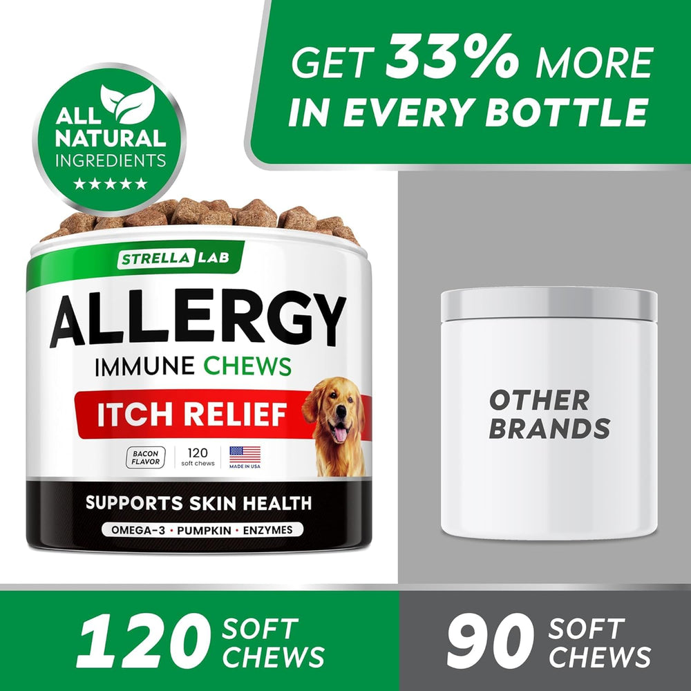 STRELLALAB dog itch relief chews closeup, calm skin and reduced scratching.