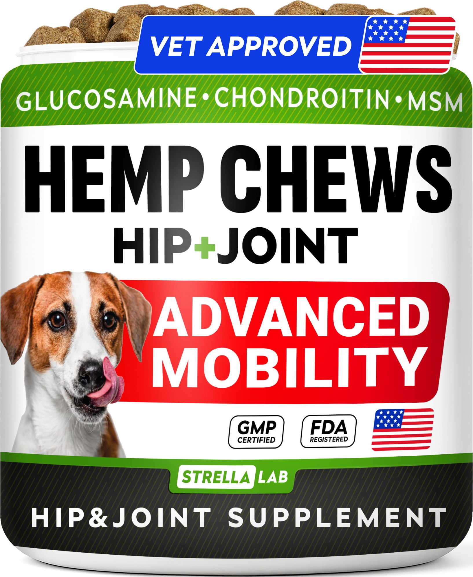 STRELLALAB dog joint chews pack front showing a ready-to-serve hip support option