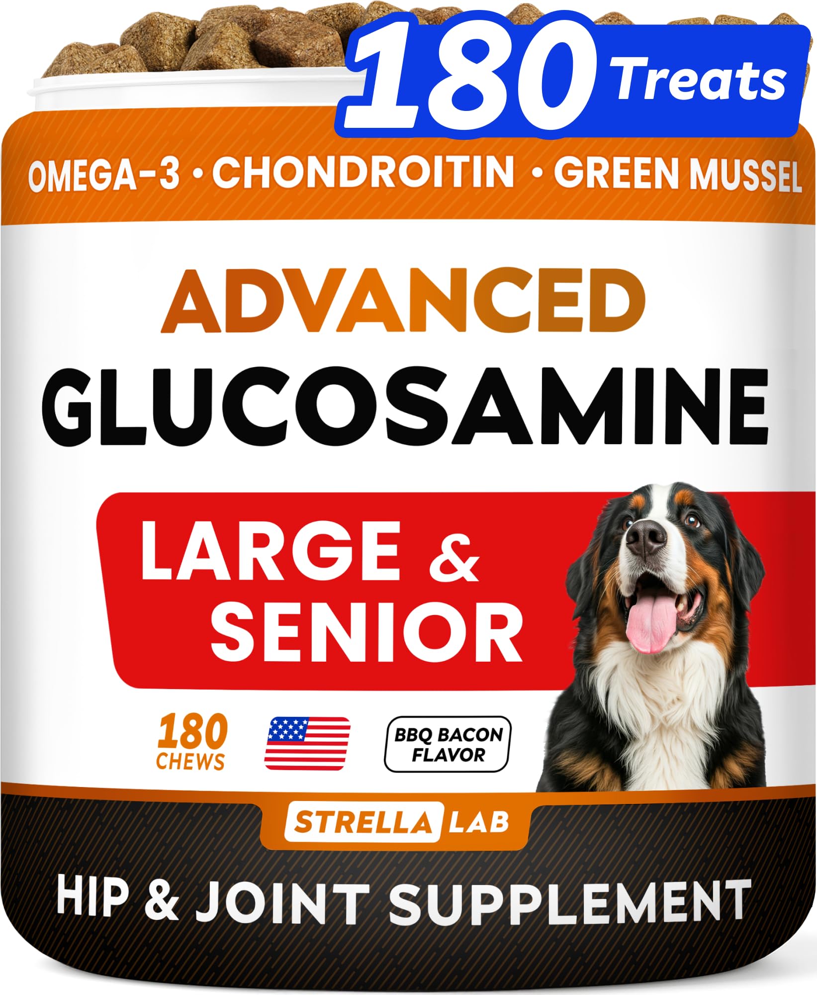 STRELLALAB dog joint supplement bottle front ready for daily use and easy dosing
