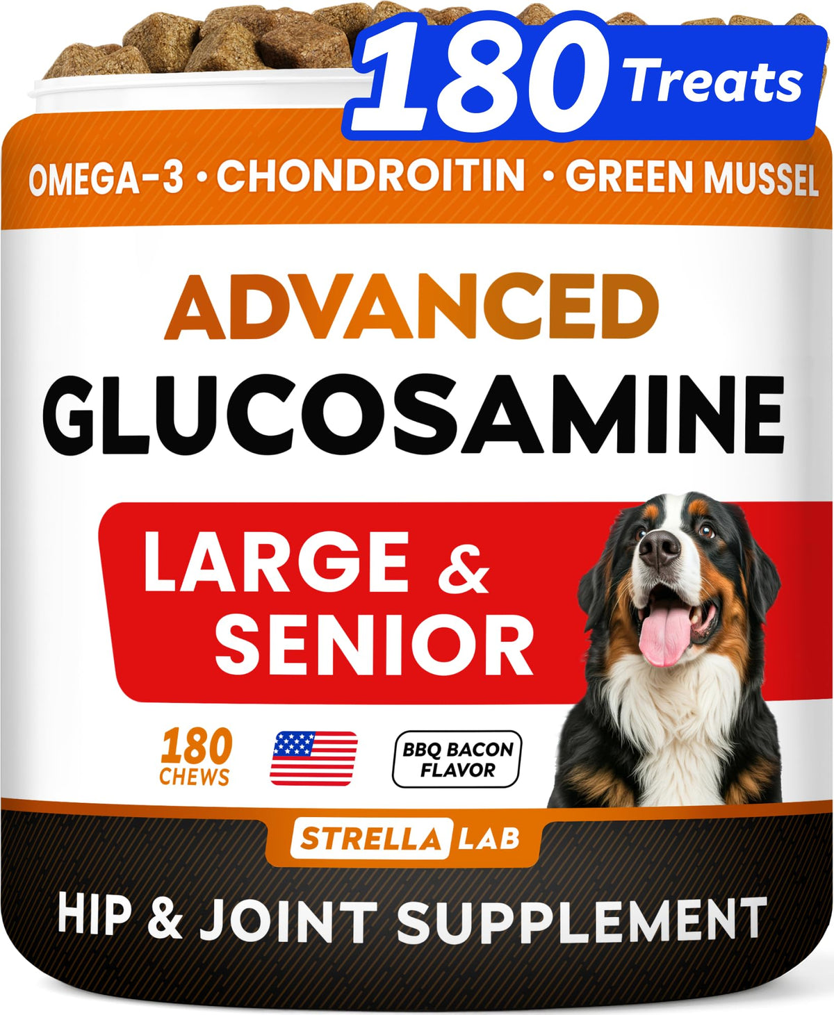STRELLALAB dog joint supplement bottle front ready for daily use and easy dosing