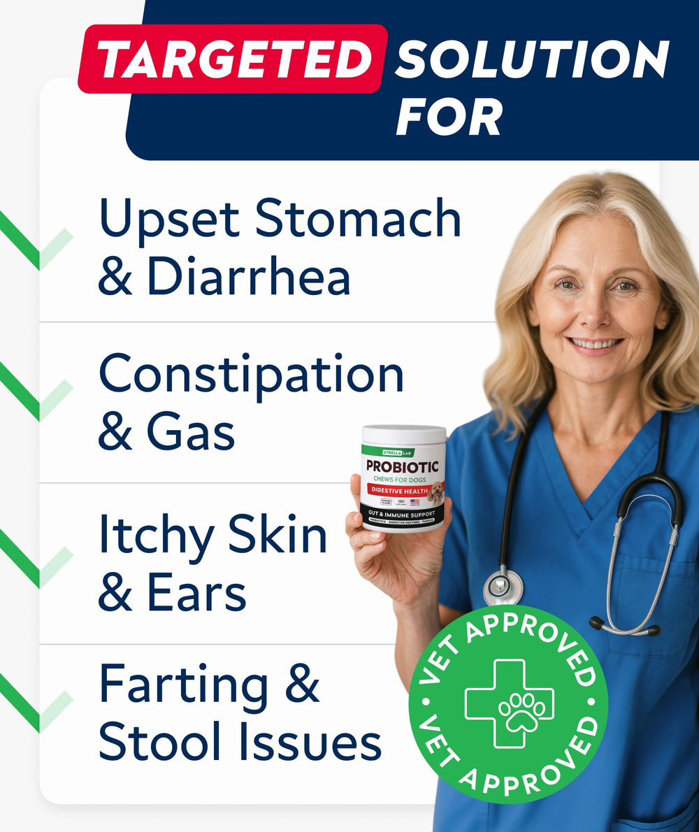 STRELLALAB Dog Probiotics Chews bacon flavor close-up emphasizes tasty digestion aid