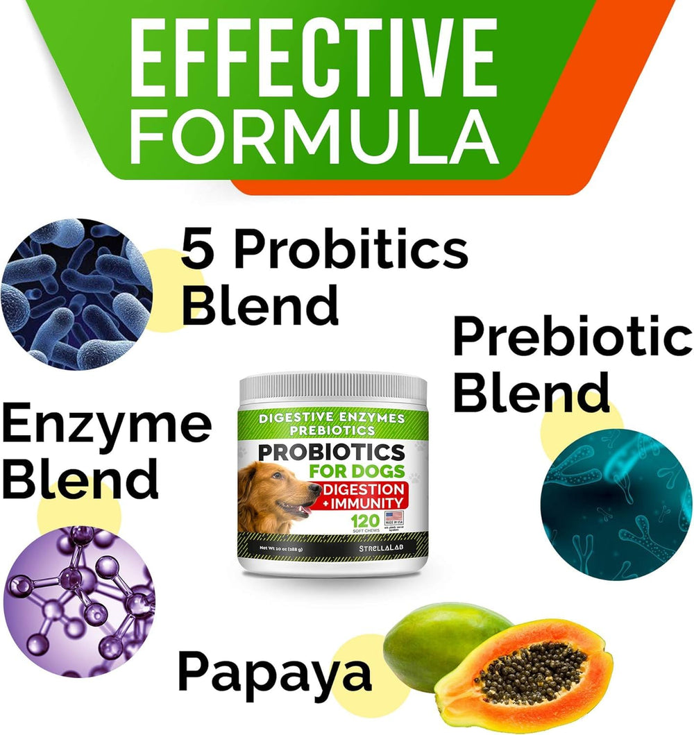 STRELLALAB Dog Probiotics Chews ingredients panel shows fiber and enzymes for digestion help.