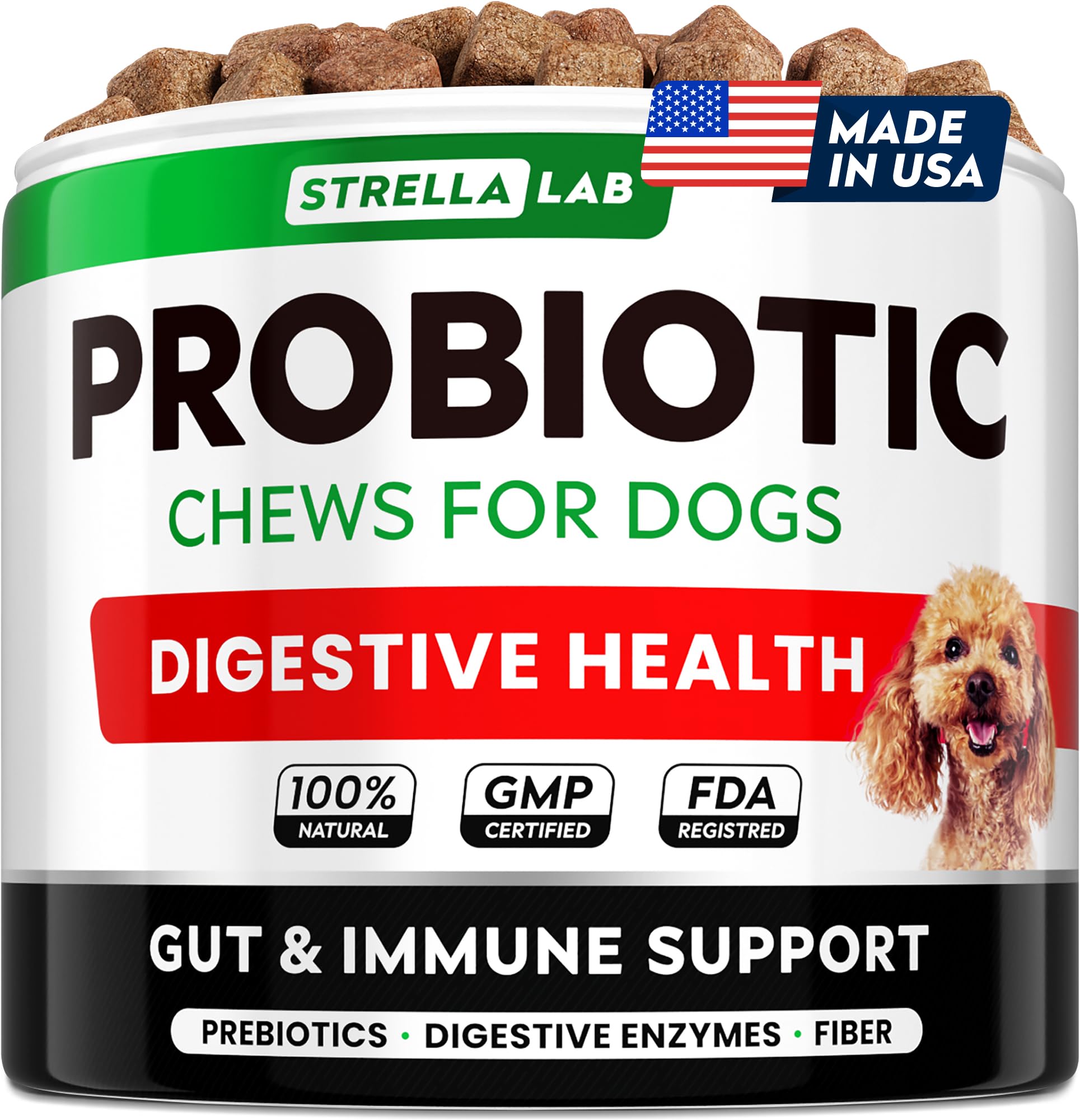 STRELLALAB Dog Probiotics Chews jar-front highlighting digestive support for dogs