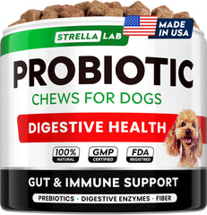 STRELLALAB Dog Probiotics Chews jar-front highlighting digestive support for dogs