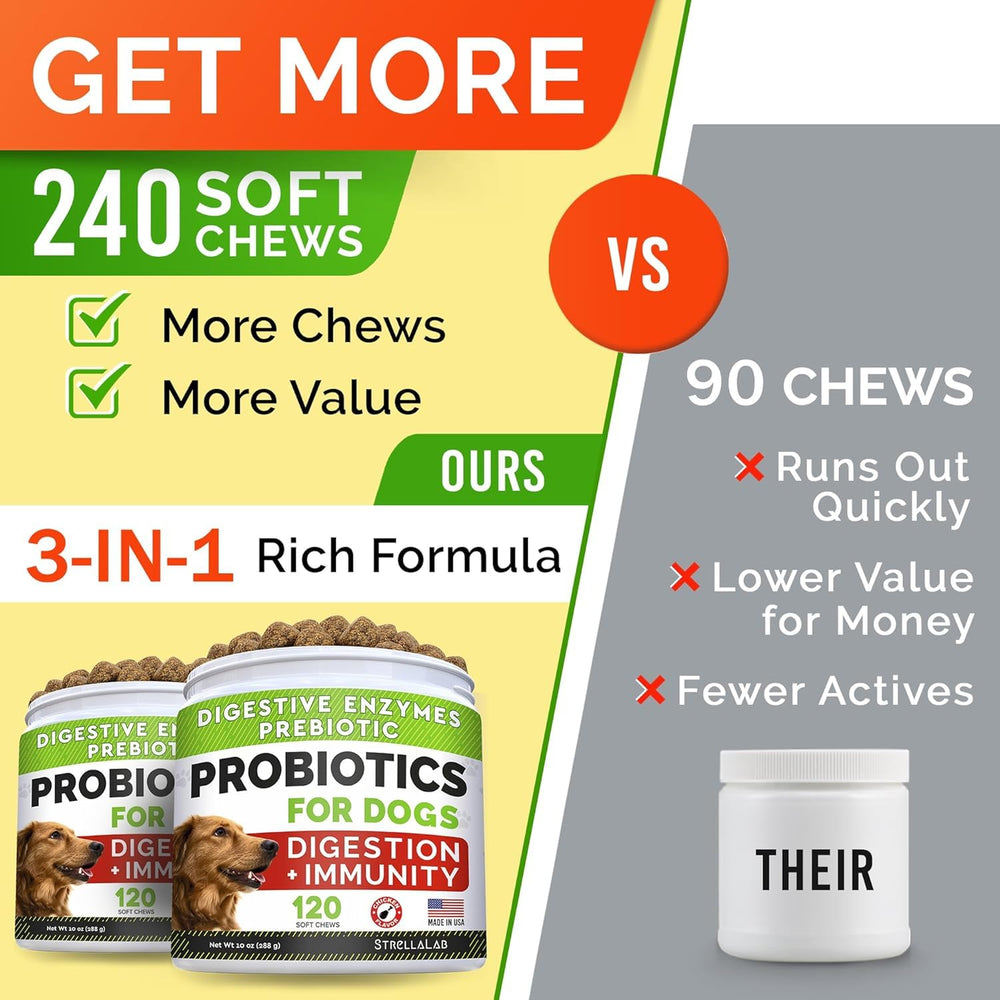 STRELLALAB Dog Probiotics Chews jar full communicates a 240-count supply for daily gut support.