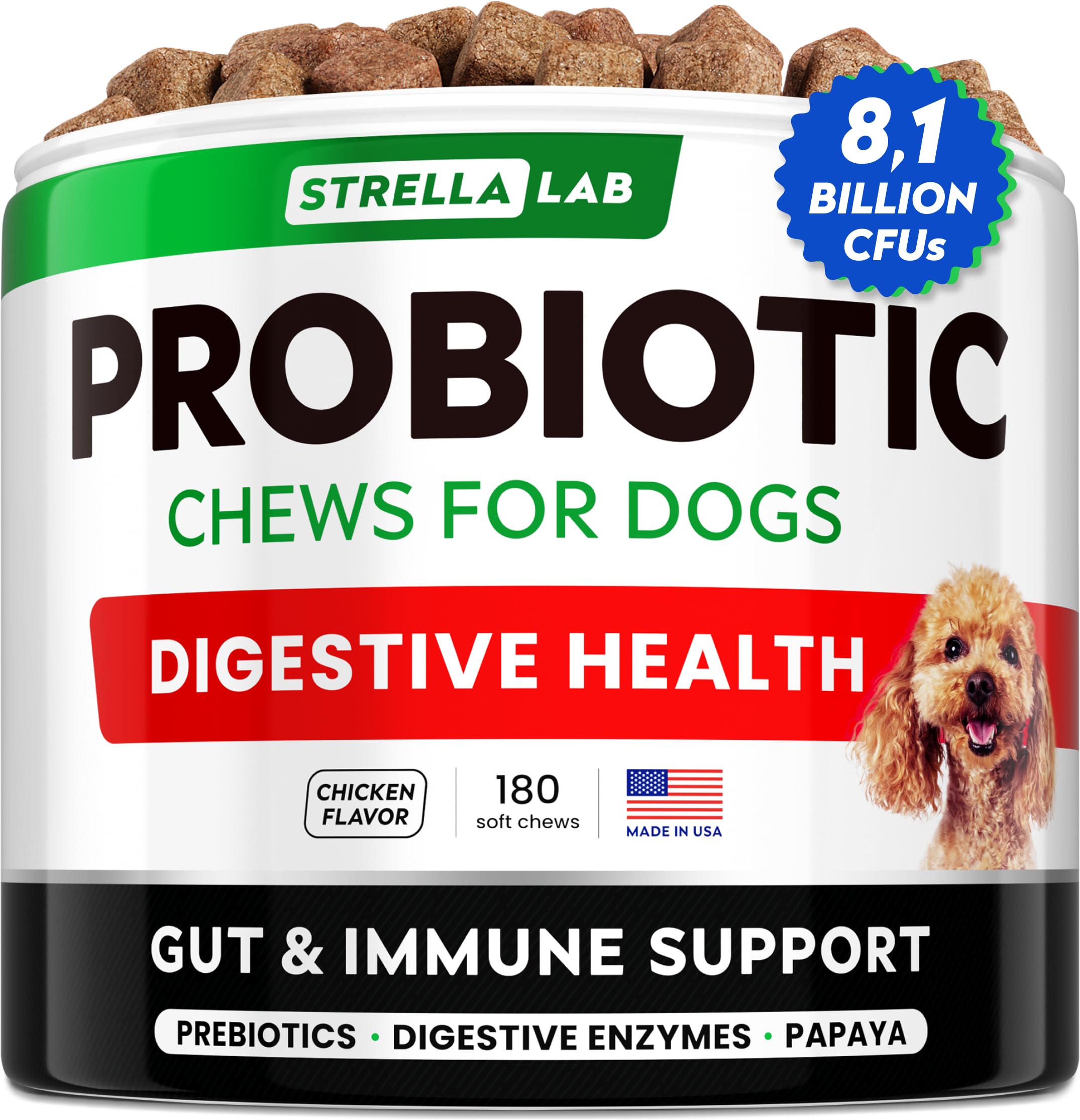 STRELLALAB Dog Probiotics Chews jar full for gentle gut support