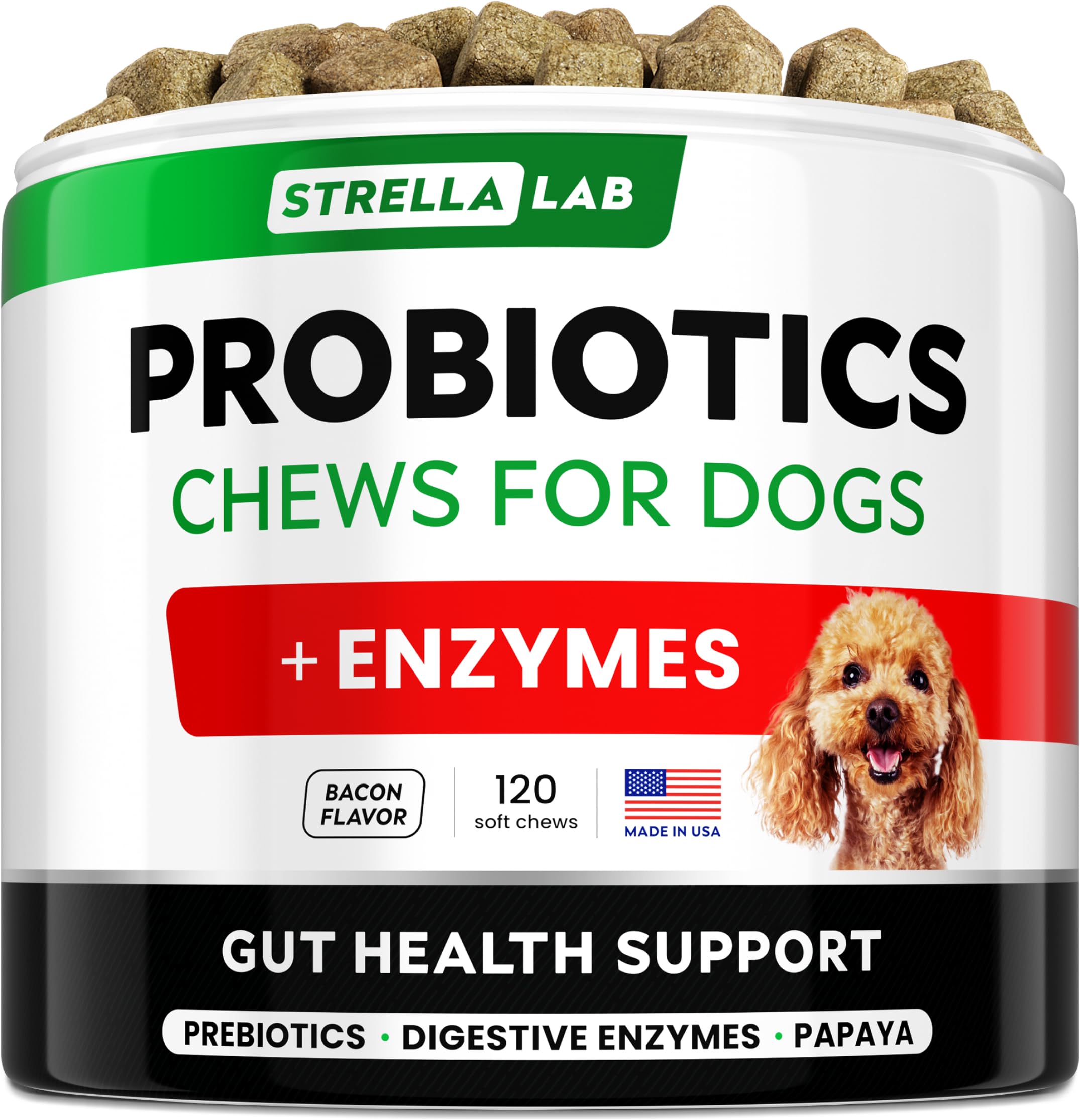StrellaLab dog probiotics treats in bacon flavor for picky eaters.