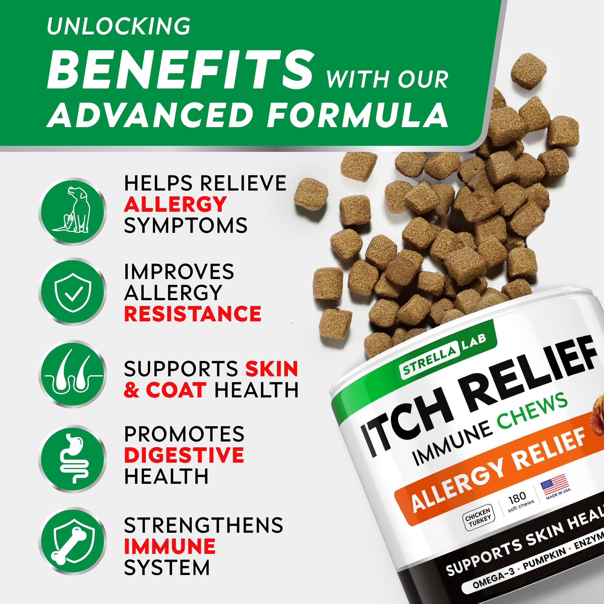 StrellaLab Dog Itch Relief Chews closeup bottle shows tasty, easy-to-chew bites