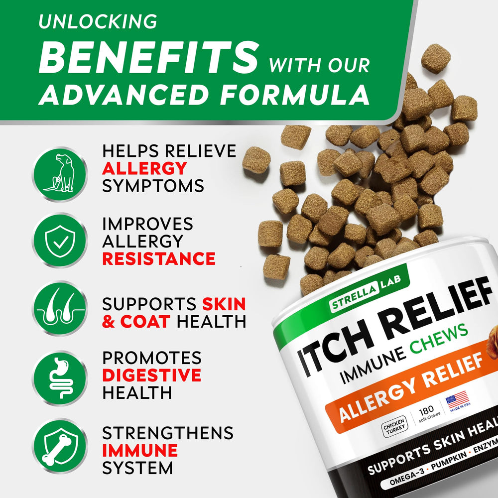 StrellaLab Dog Itch Relief Chews closeup bottle shows tasty, easy-to-chew bites