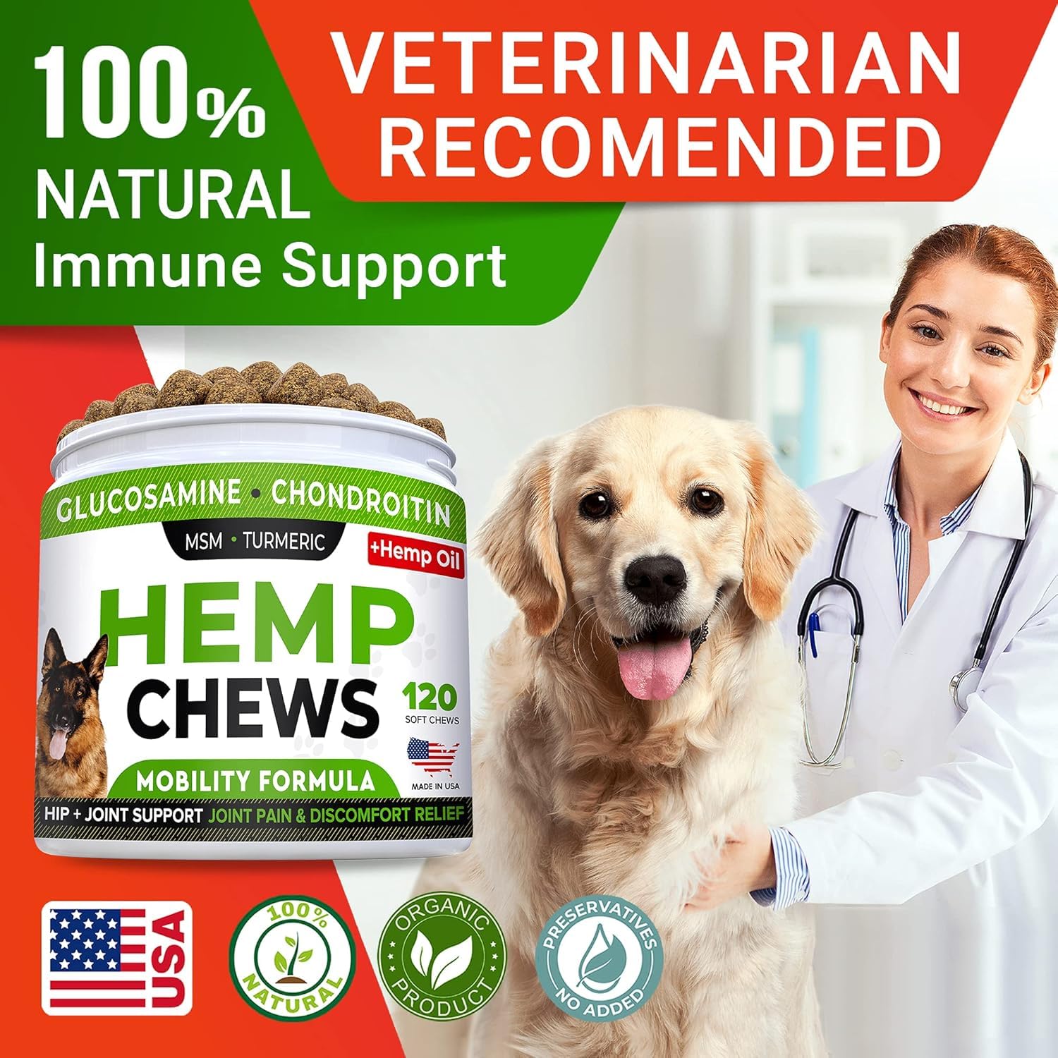 STRELLALAB dog chews shown as a daily hip and joint routine.