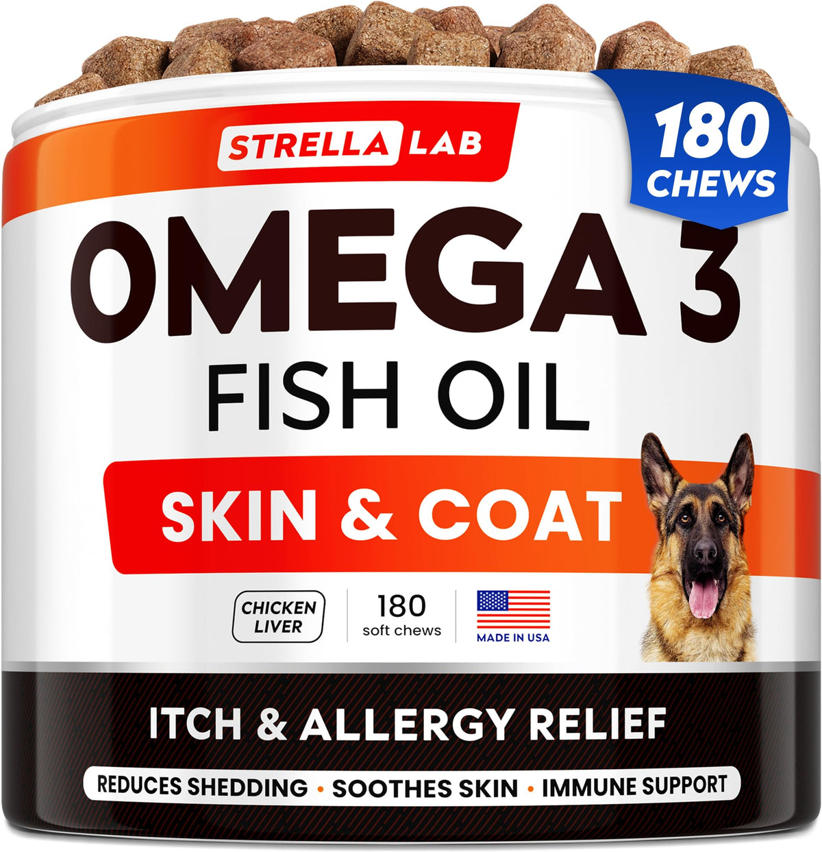STRELLALAB fish oil dog treats in a jar, boosting omega intake.