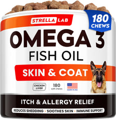 STRELLALAB fish oil dog treats in a jar, boosting omega intake.