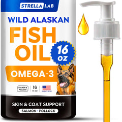 STRELLALAB Fish Oil bottle for dogs and cats promotes a glossy coat.