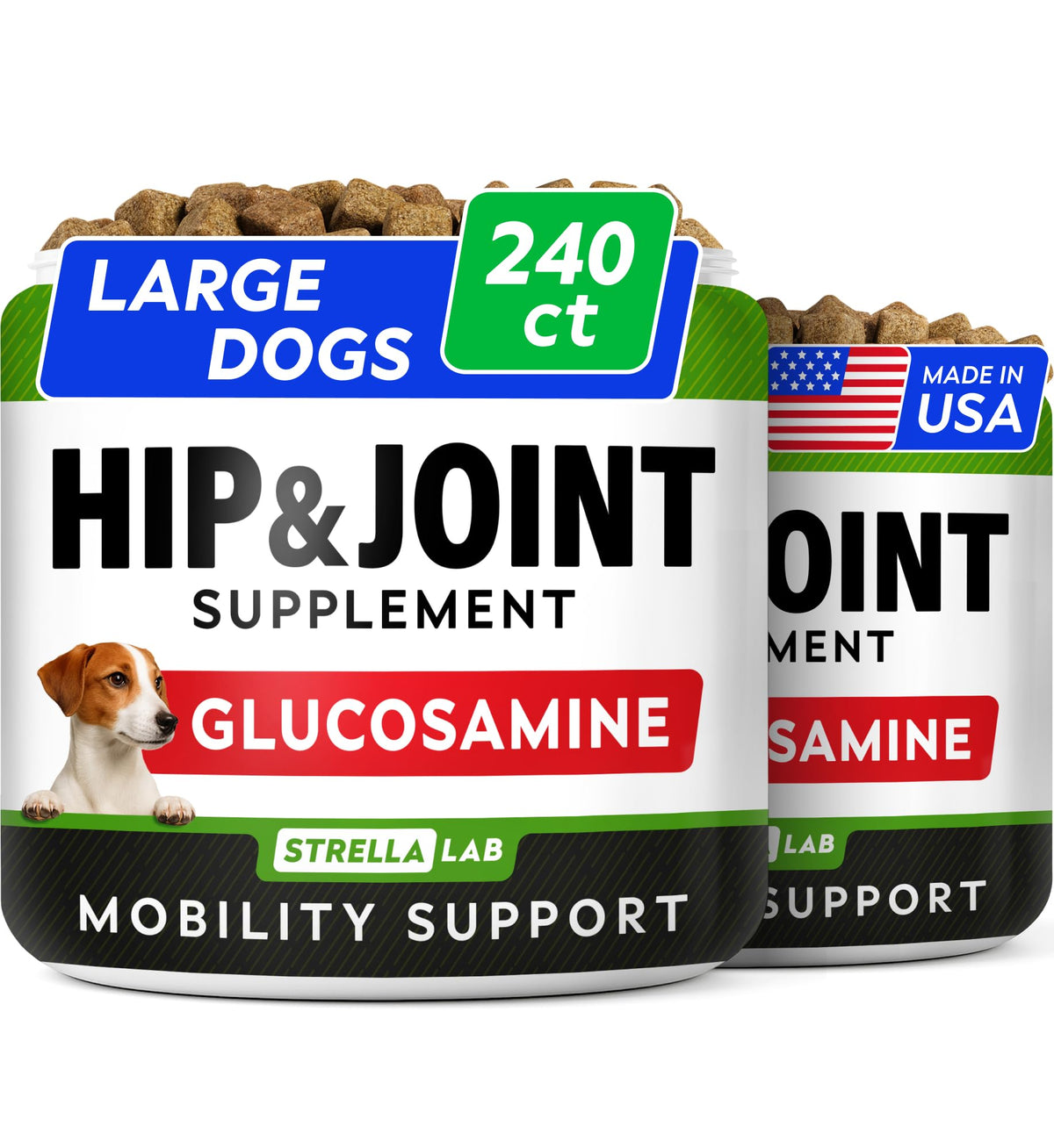 STRELLALAB glucosamine dog chews in bacon flavor support joint comfort for active dogs.