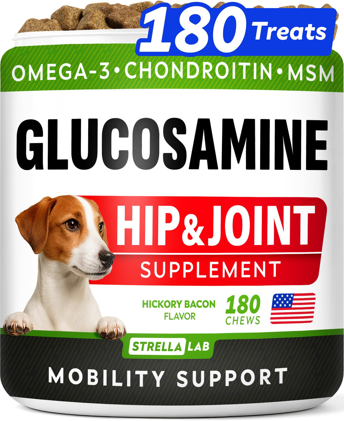 STRELLALAB glucosamine dog treats front view, tasty chews for joint support.