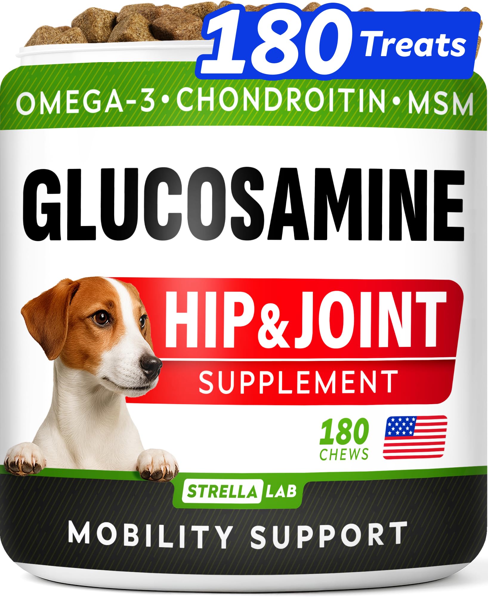 STRELLALAB glucosamine dog treats in peanut butter flavor for joint comfort.